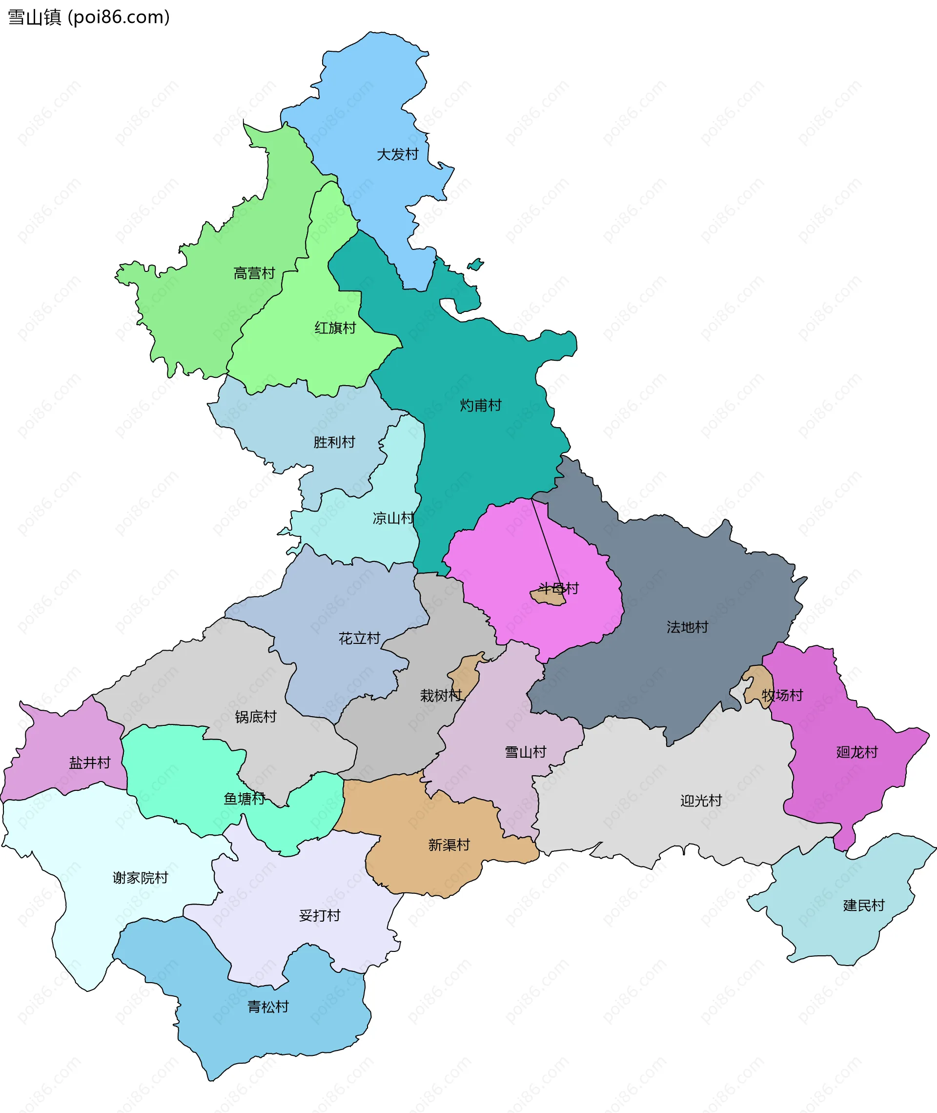 雪山镇边界地图(五级行政区划)