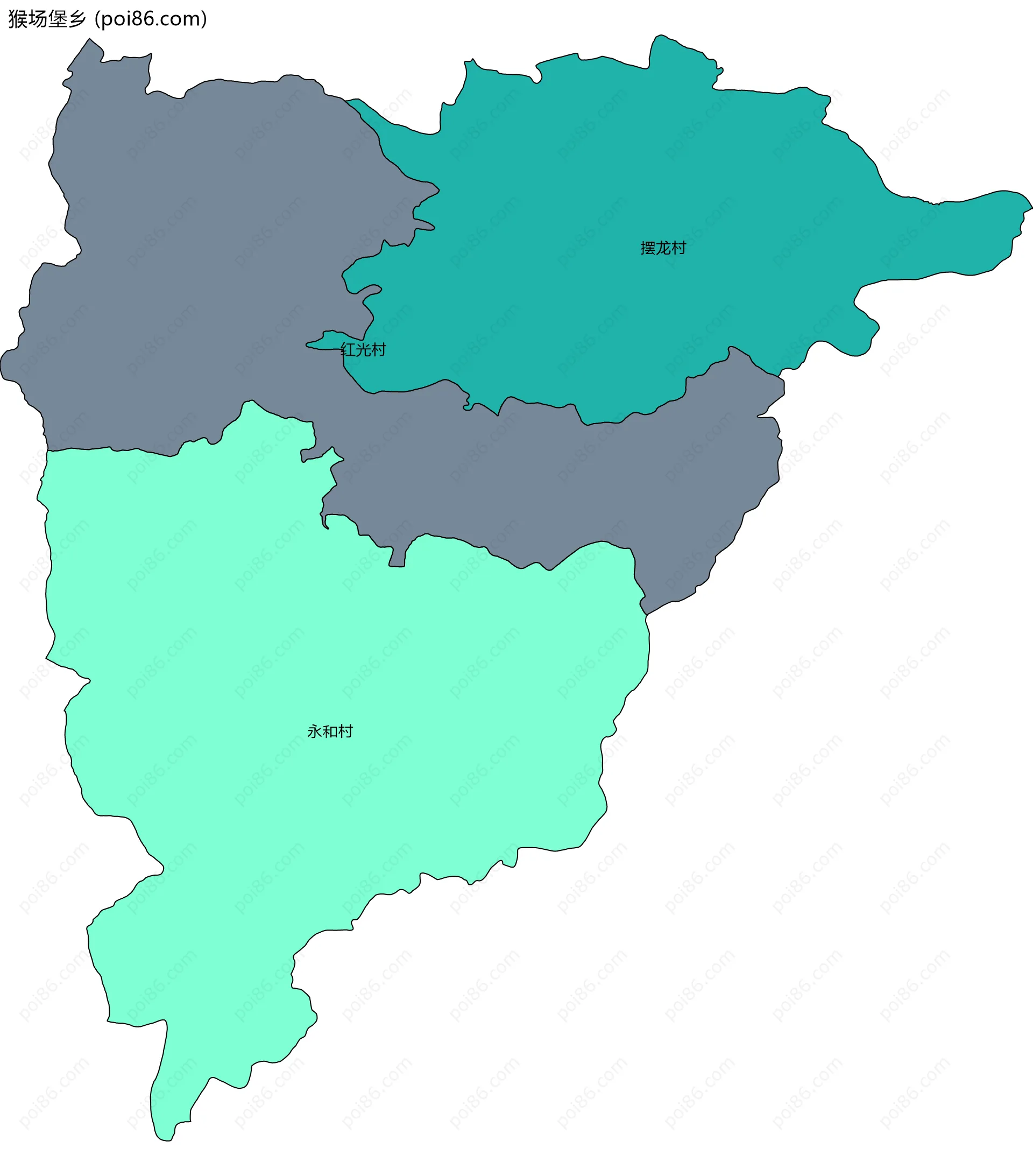 猴场堡乡边界地图(五级行政区划)