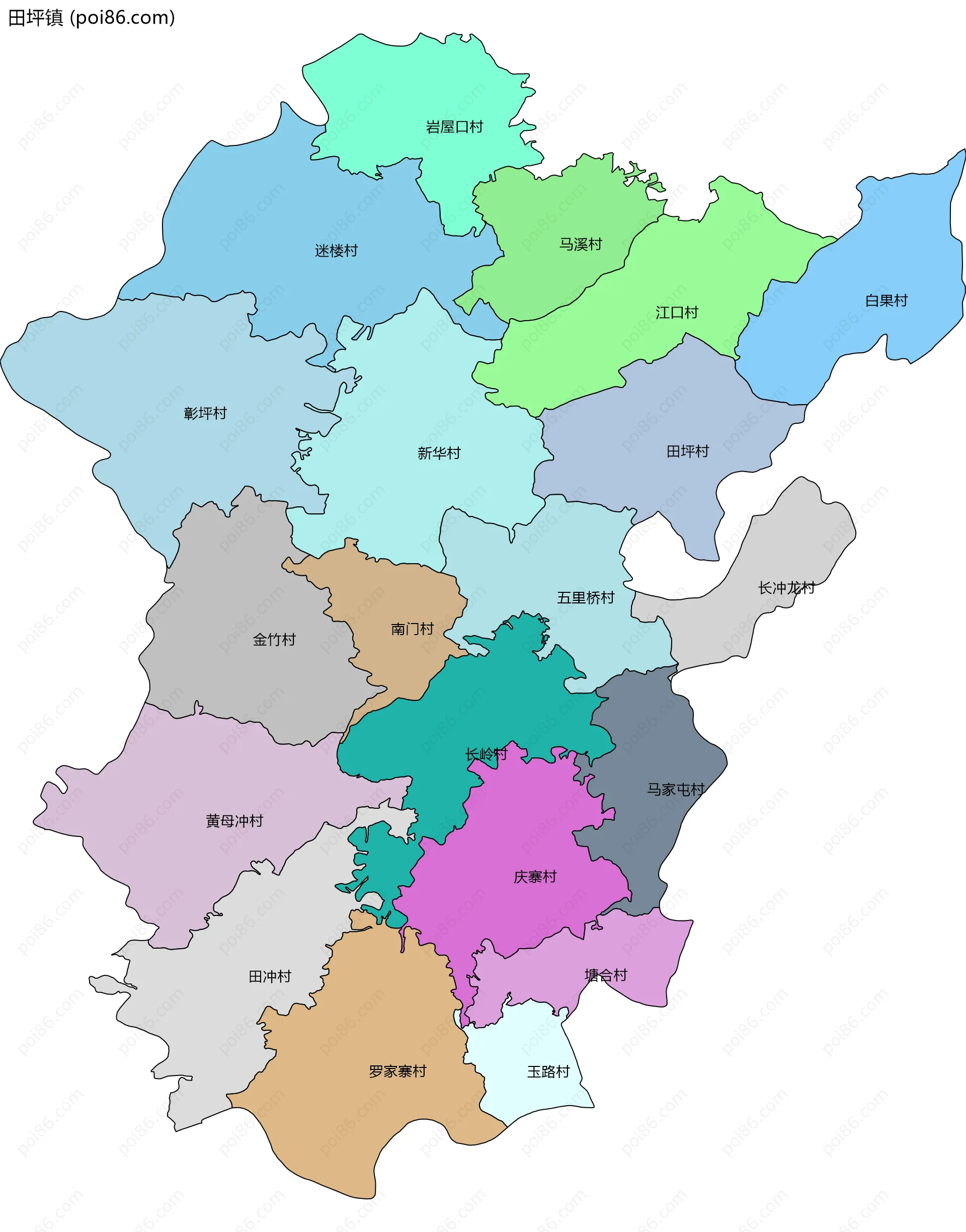 田坪镇边界地图(五级行政区划)