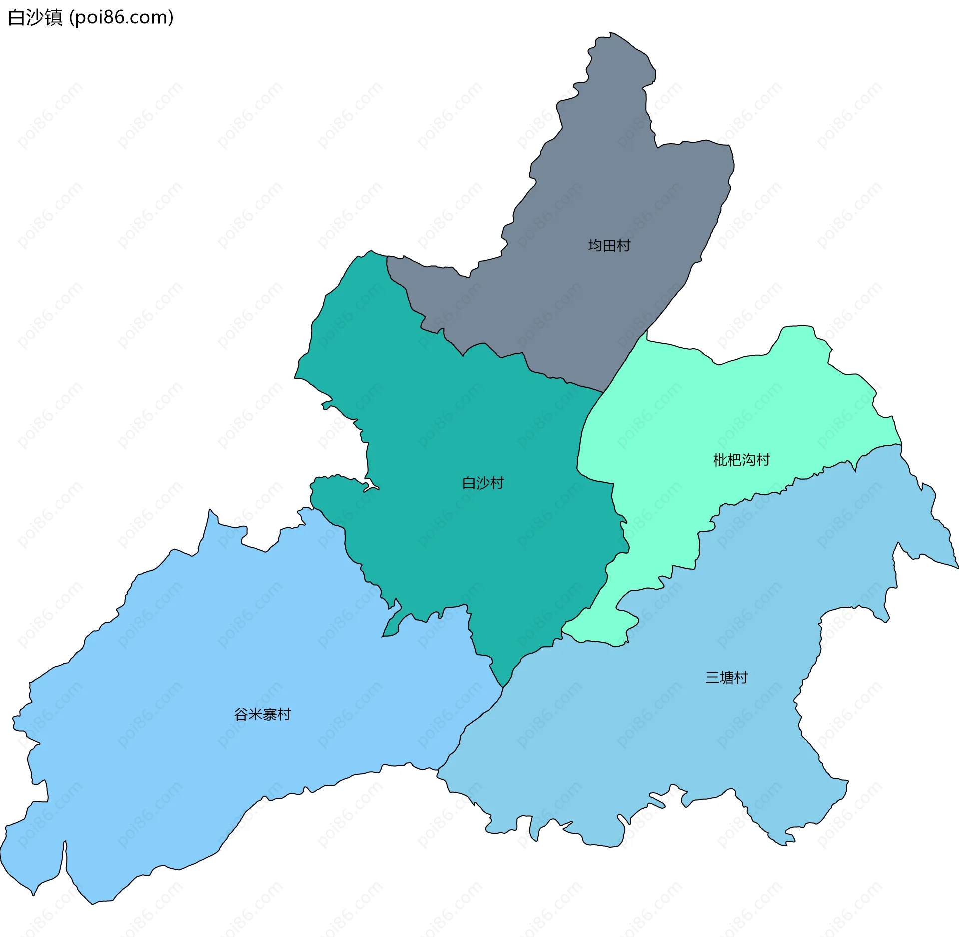白沙镇边界地图(五级行政区划)