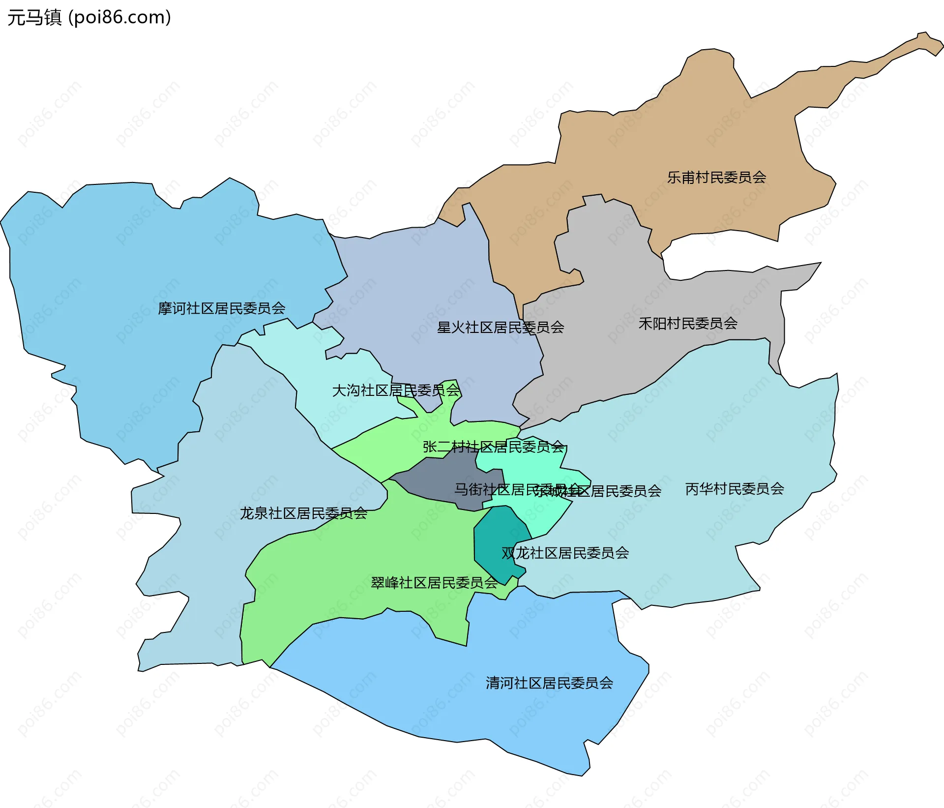 元马镇边界地图(五级行政区划)