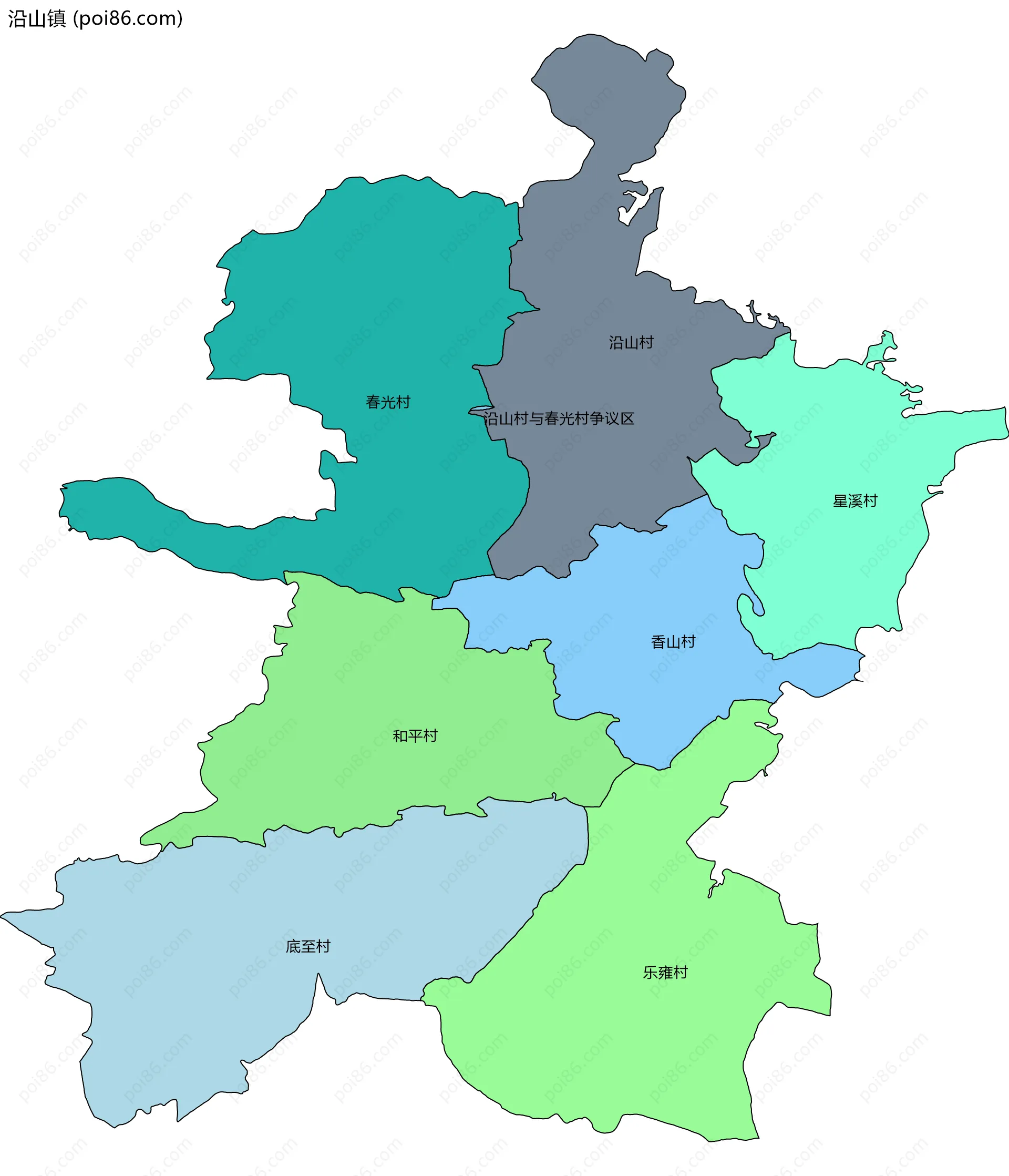 沿山镇边界地图(五级行政区划)