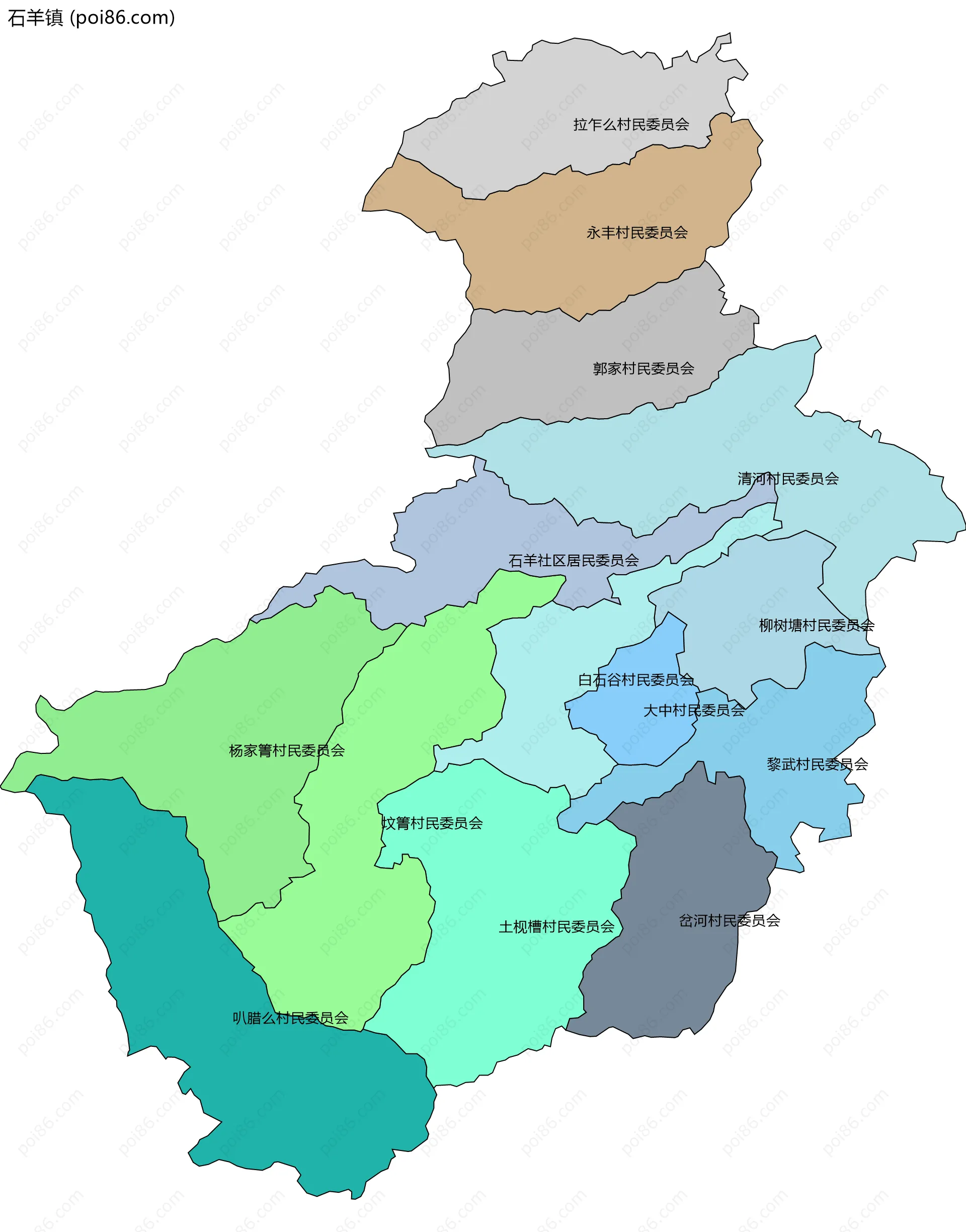 石羊镇边界地图(五级行政区划)