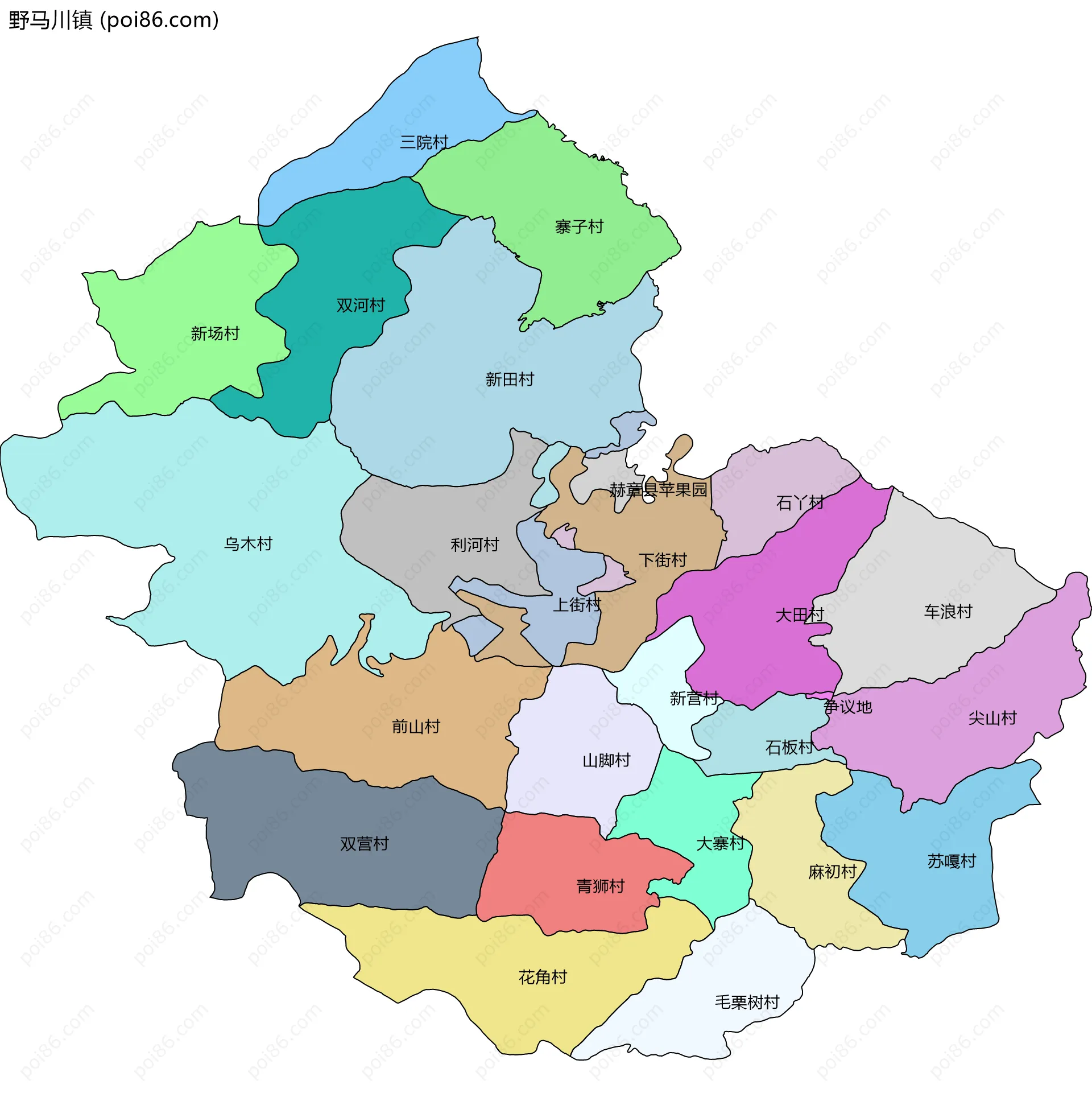 野马川镇边界地图(五级行政区划)