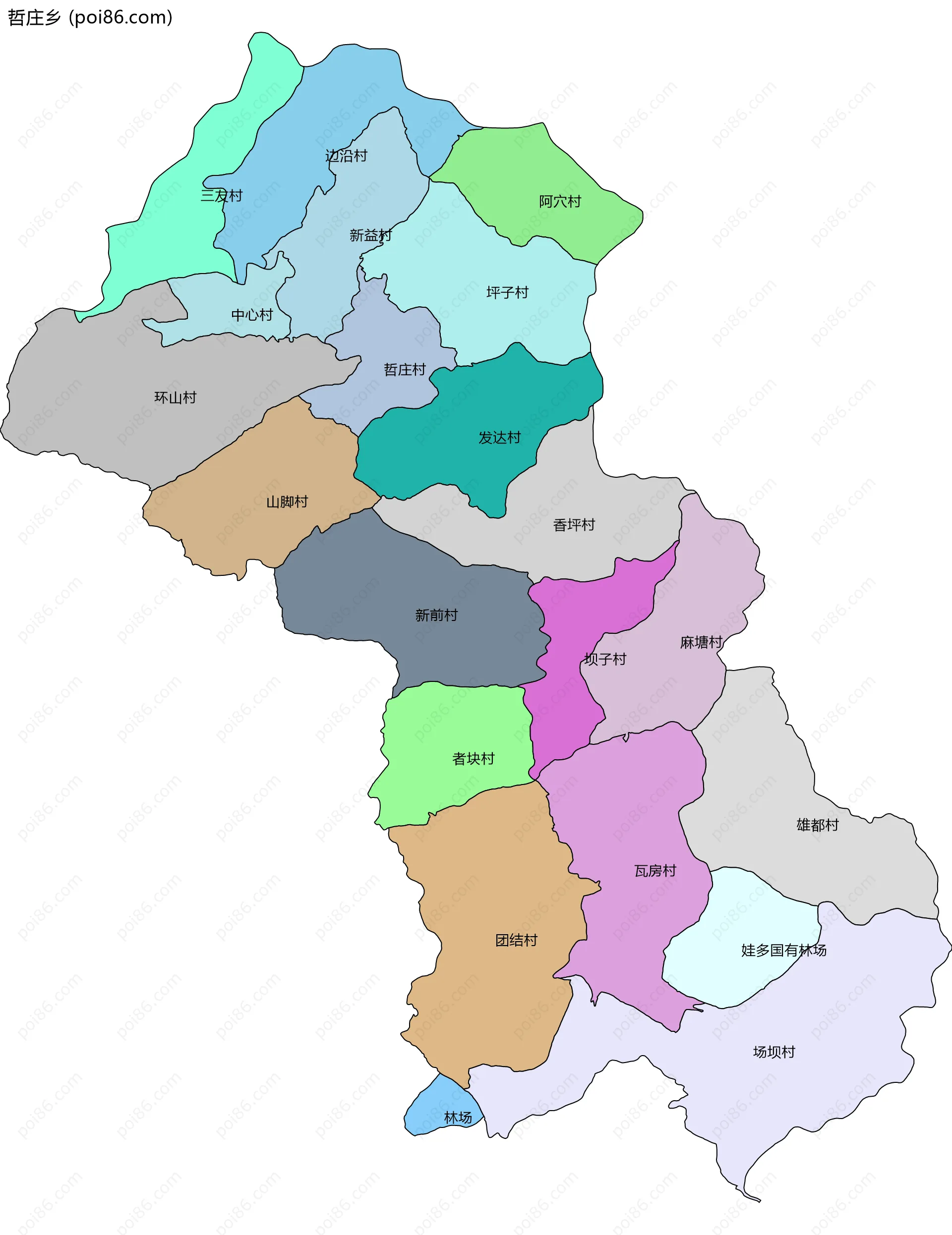 哲庄乡边界地图(五级行政区划)