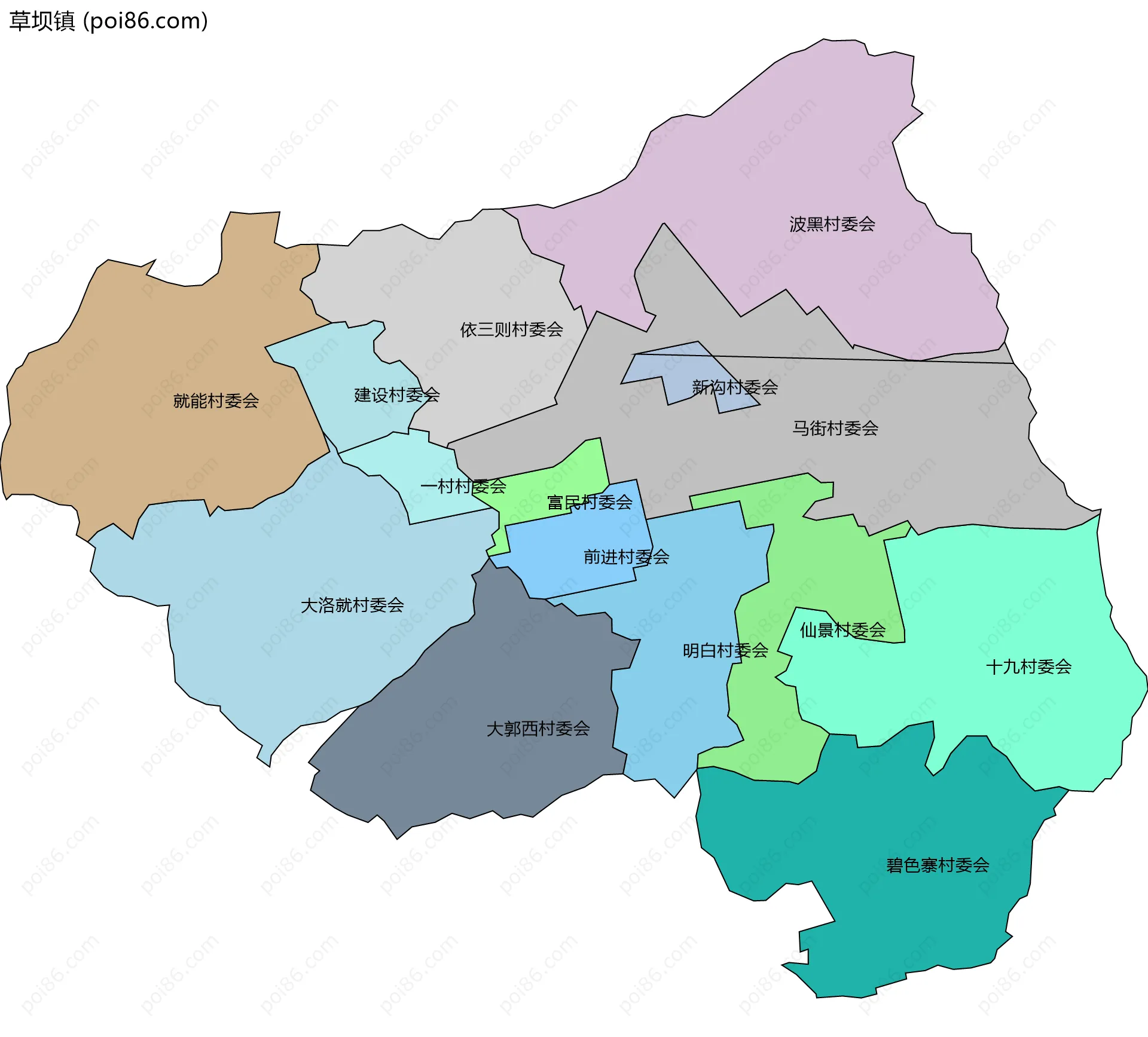 草坝镇边界地图(五级行政区划)