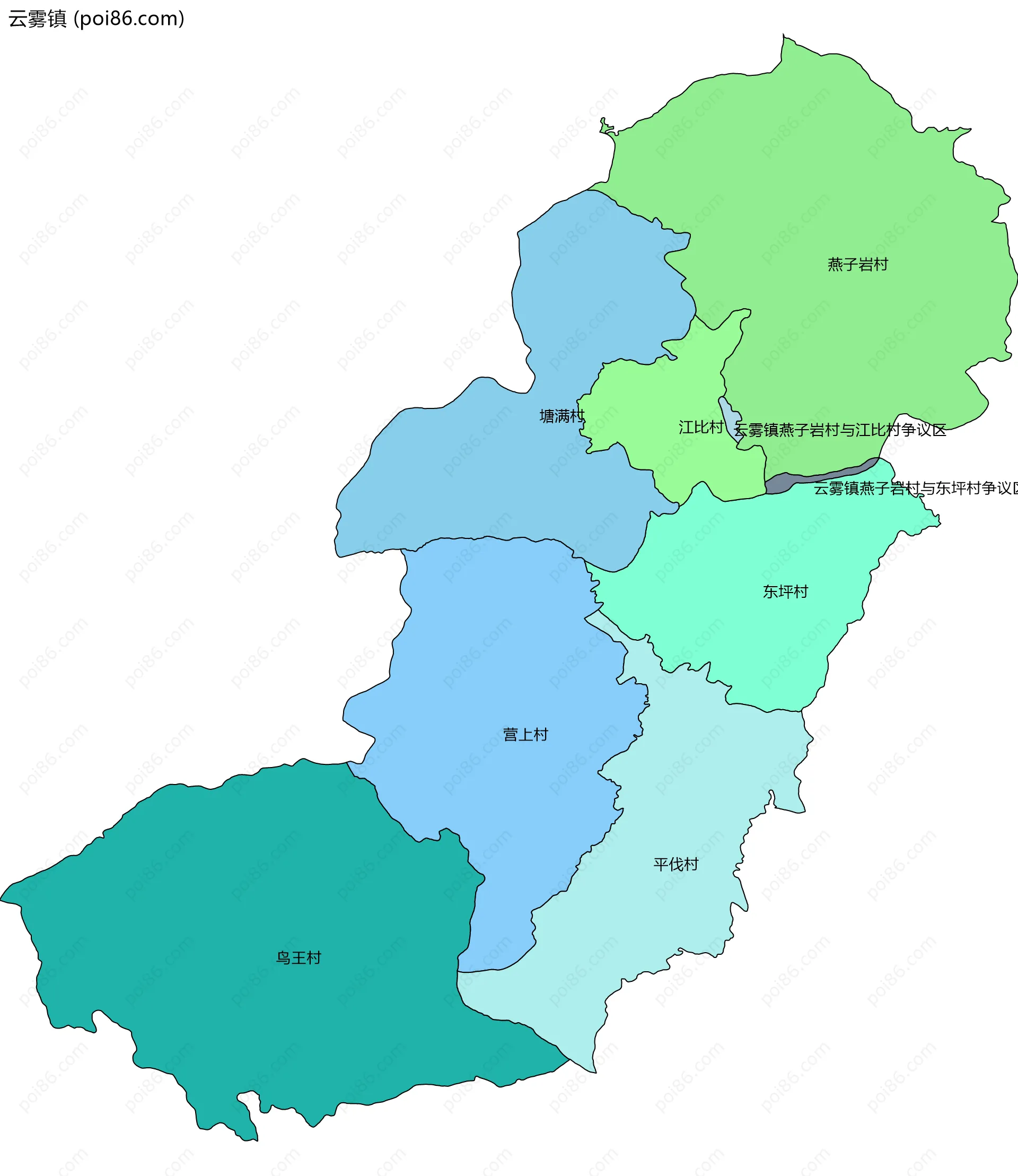 云雾镇边界地图(五级行政区划)