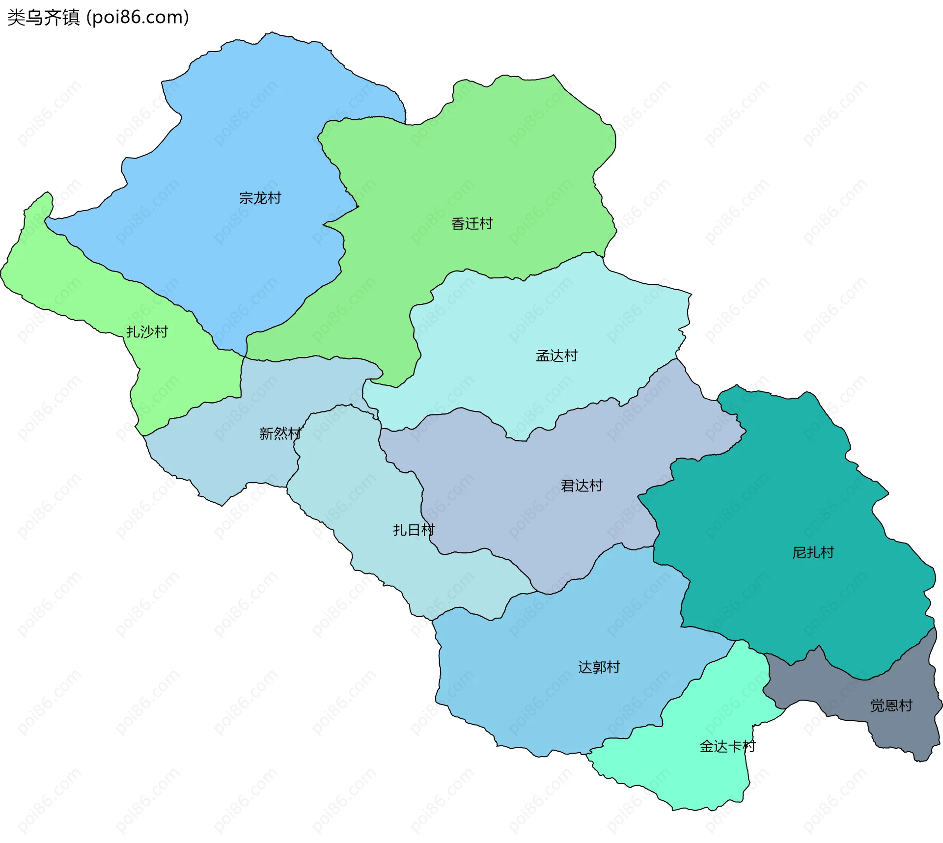 类乌齐镇边界地图(五级行政区划)