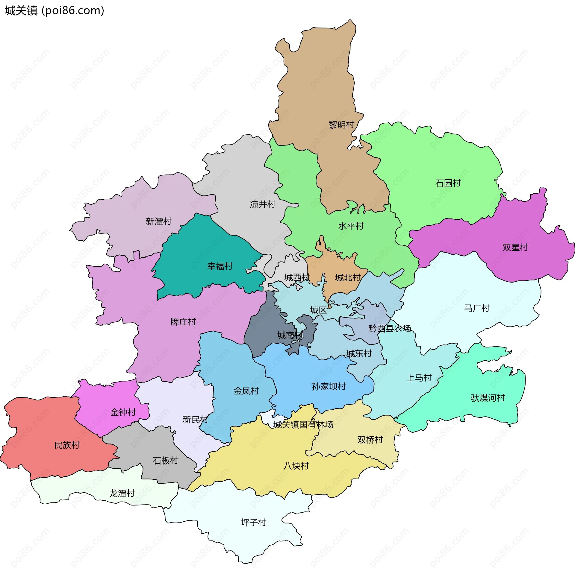 城关镇边界地图(五级行政区划)