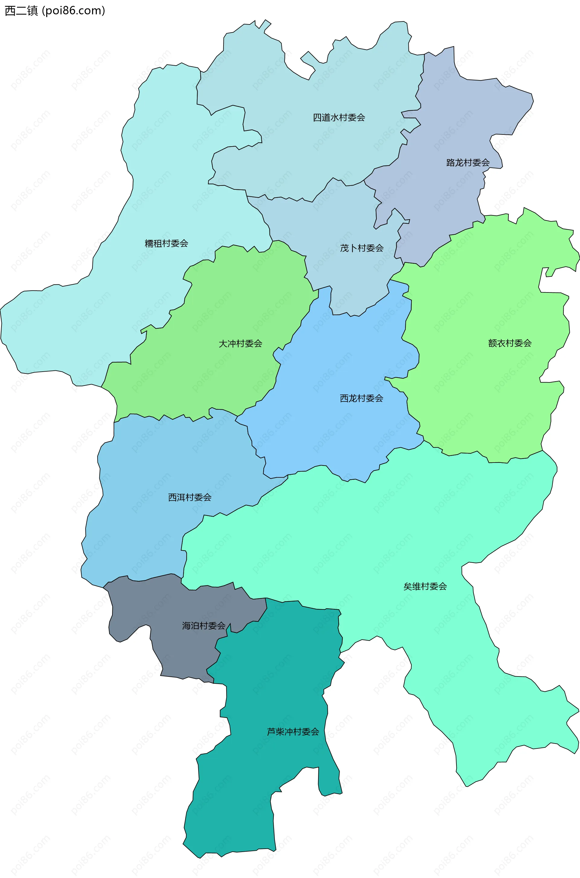 西二镇边界地图(五级行政区划)