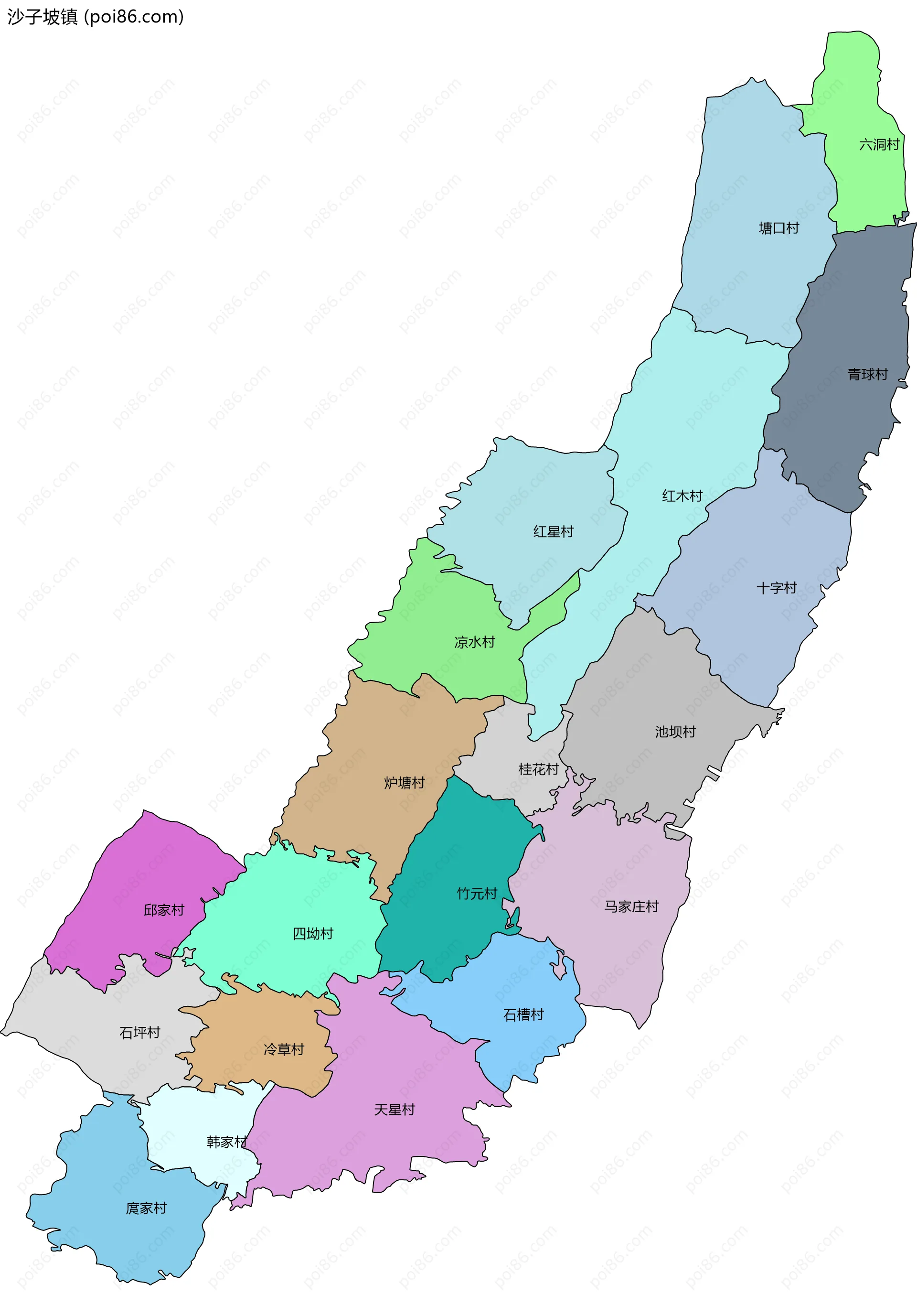 沙子坡镇边界地图(五级行政区划)