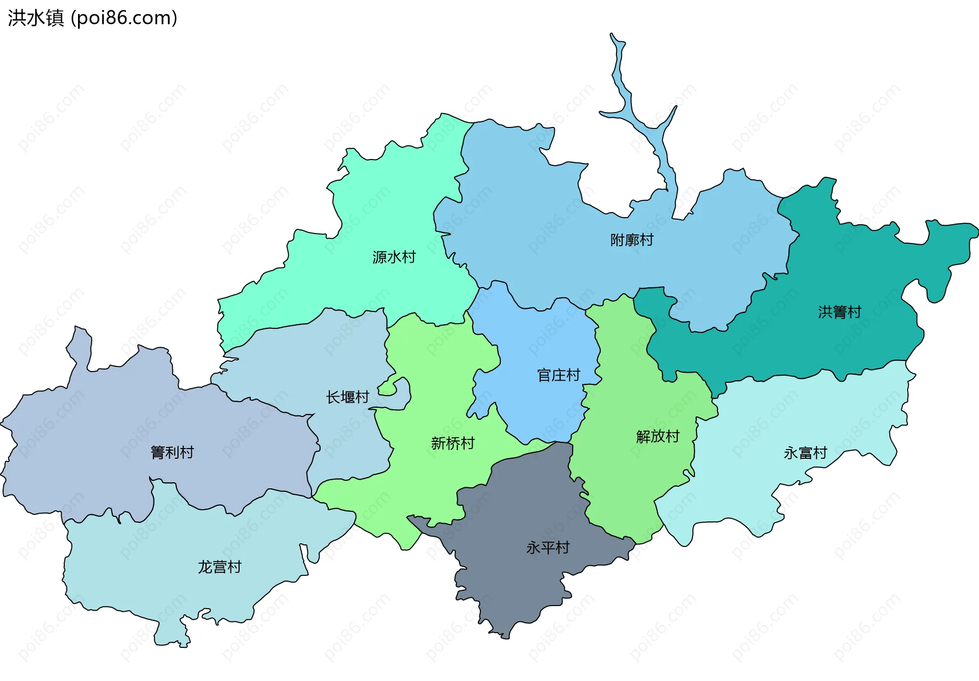 洪水镇边界地图(五级行政区划)