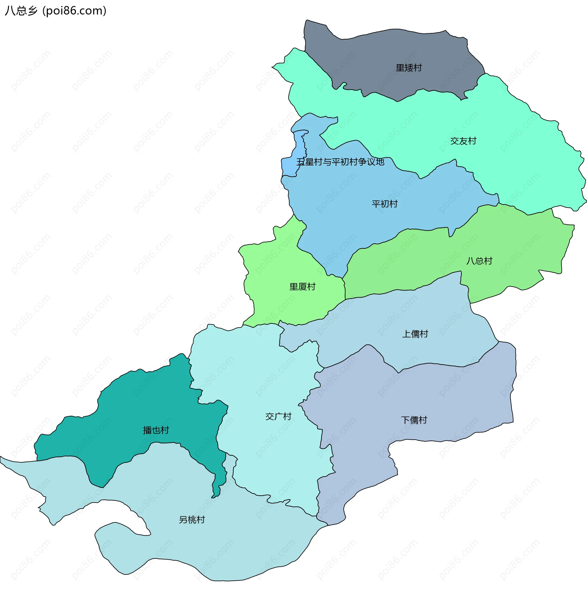 八总乡边界地图(五级行政区划)