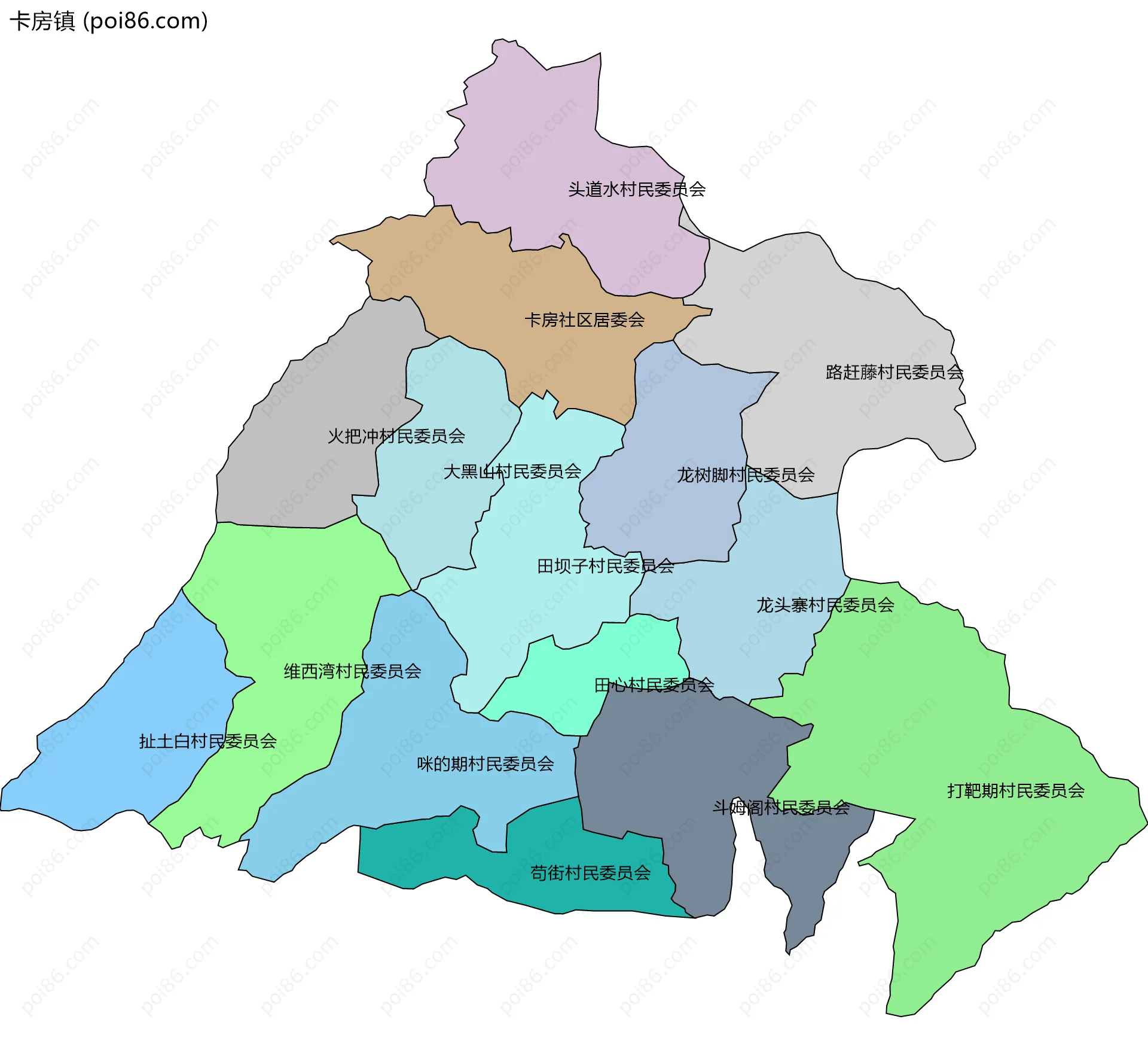 卡房镇边界地图(五级行政区划)