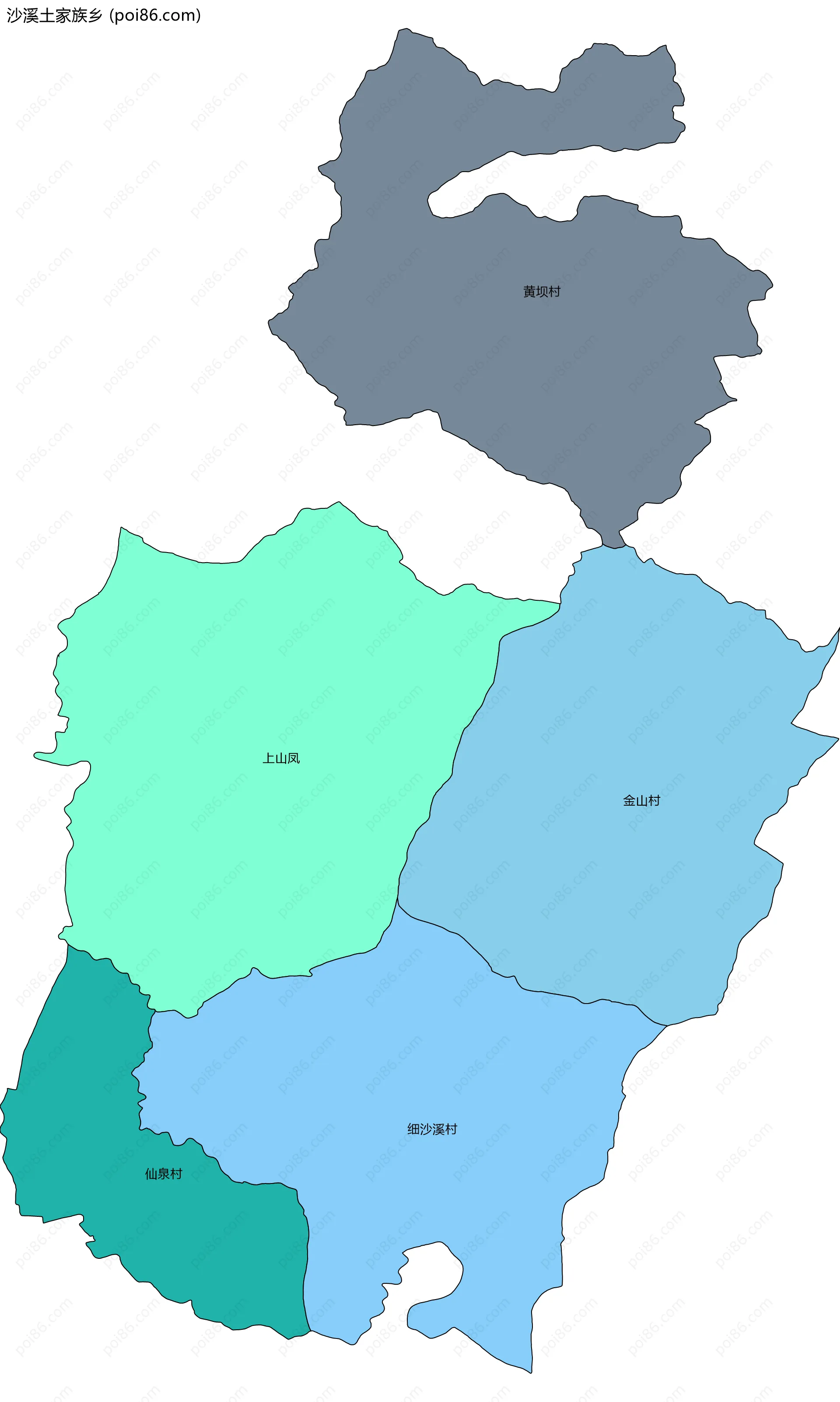 沙溪土家族乡边界地图(五级行政区划)