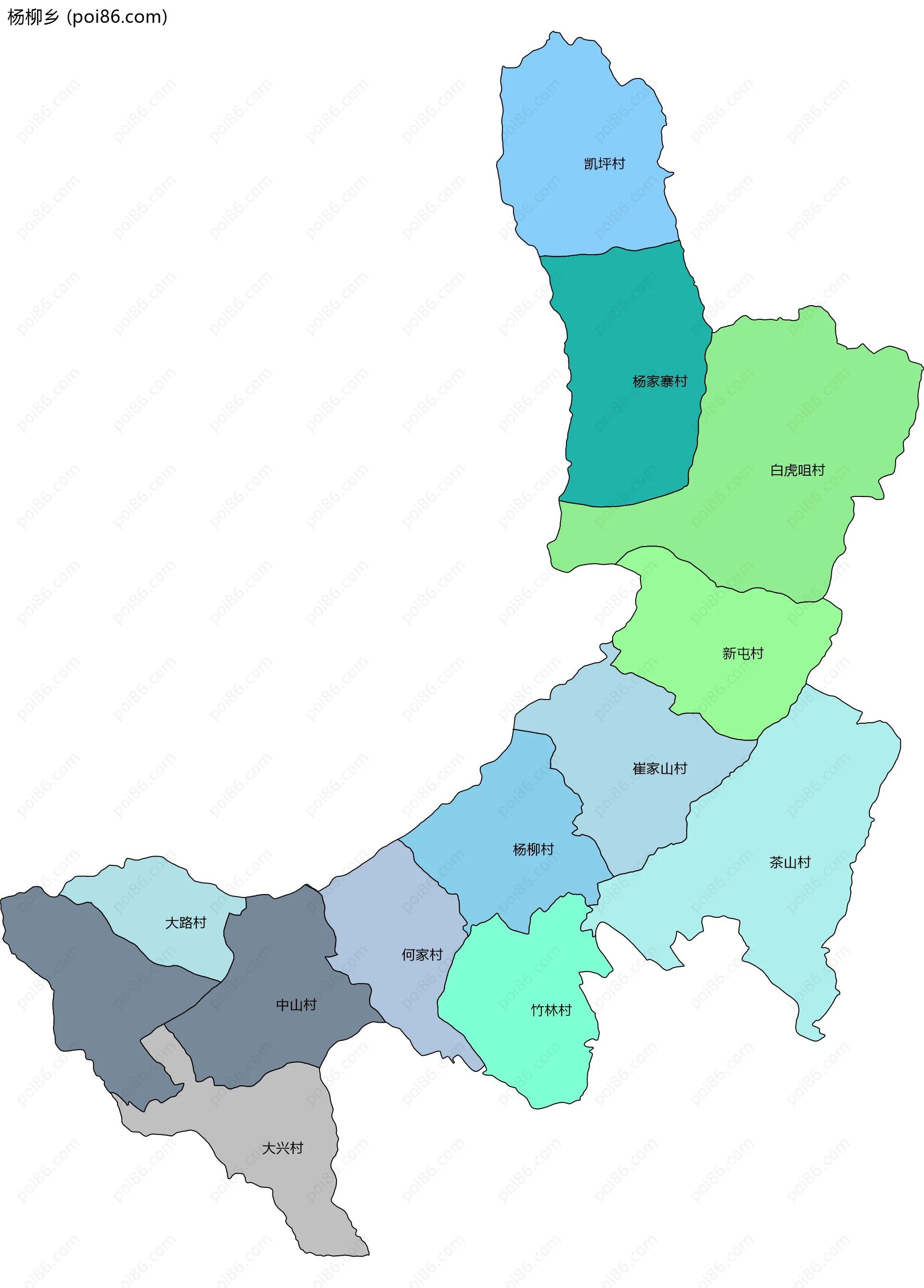 杨柳乡边界地图(五级行政区划)