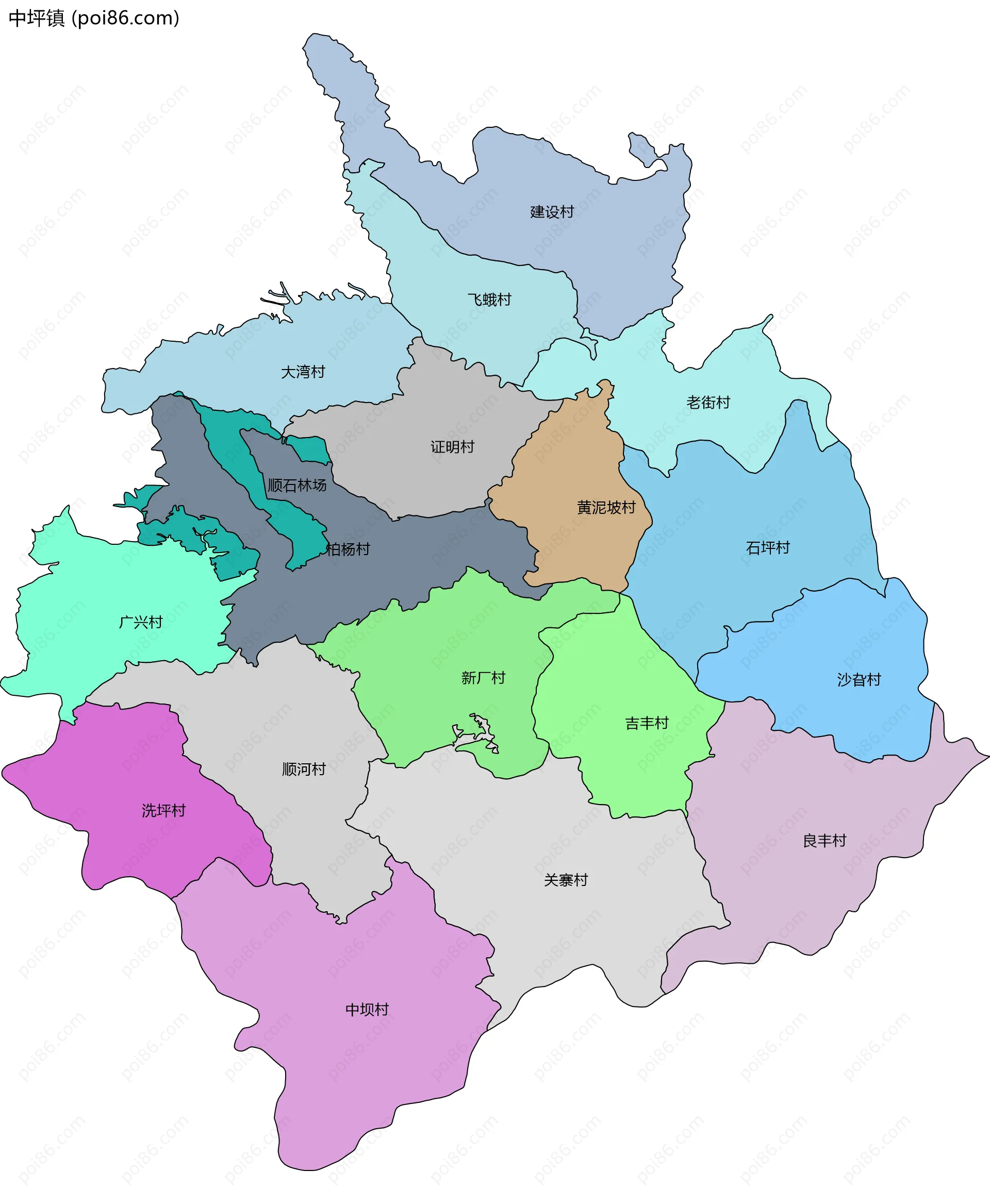 中坪镇边界地图(五级行政区划)