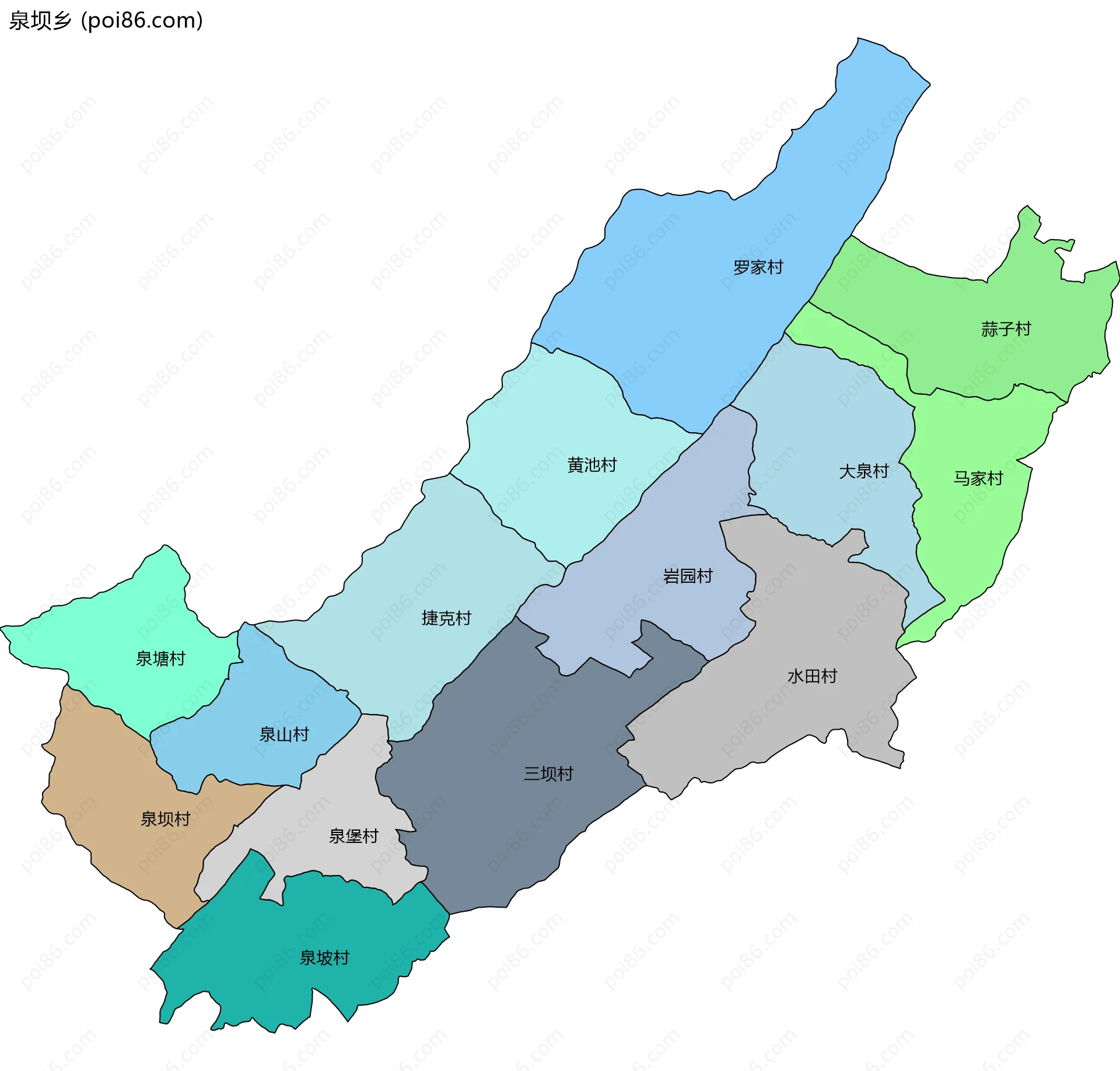 泉坝乡边界地图(五级行政区划)