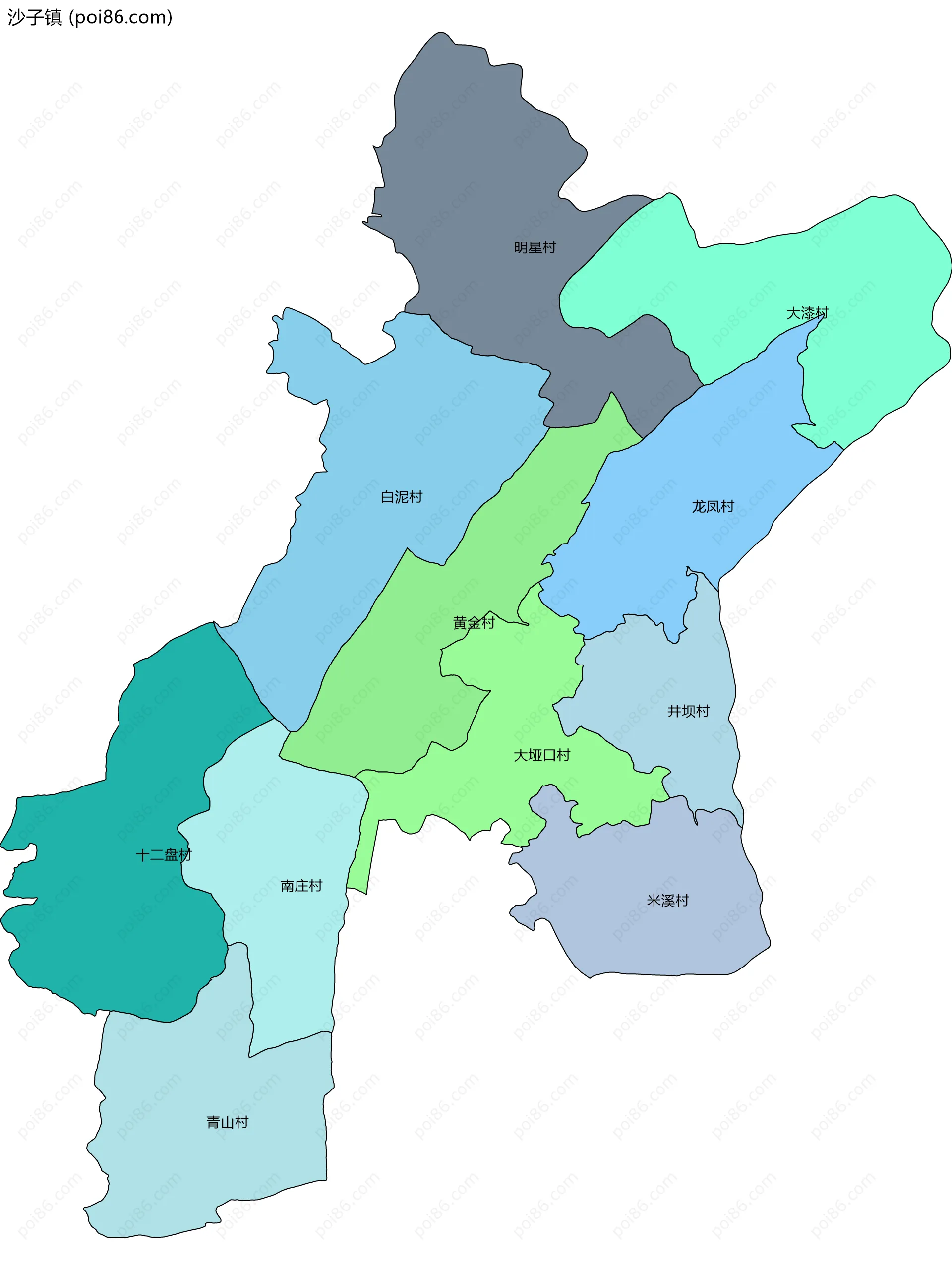 沙子镇边界地图(五级行政区划)