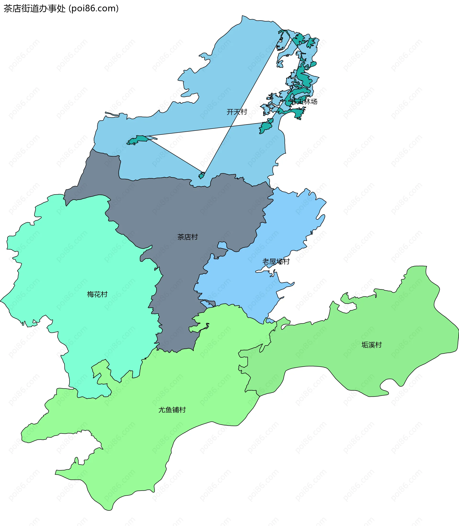 茶店街道办事处边界地图(五级行政区划)