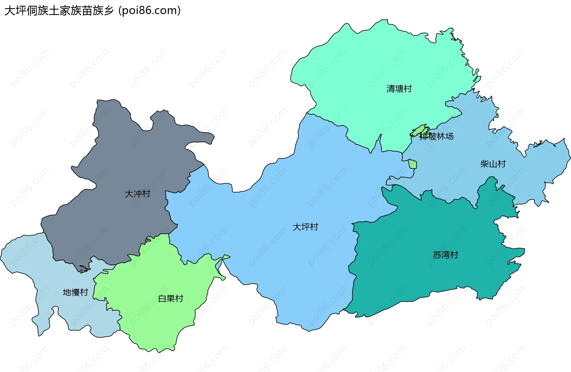 大坪侗族土家族苗族乡边界地图(五级行政区划)