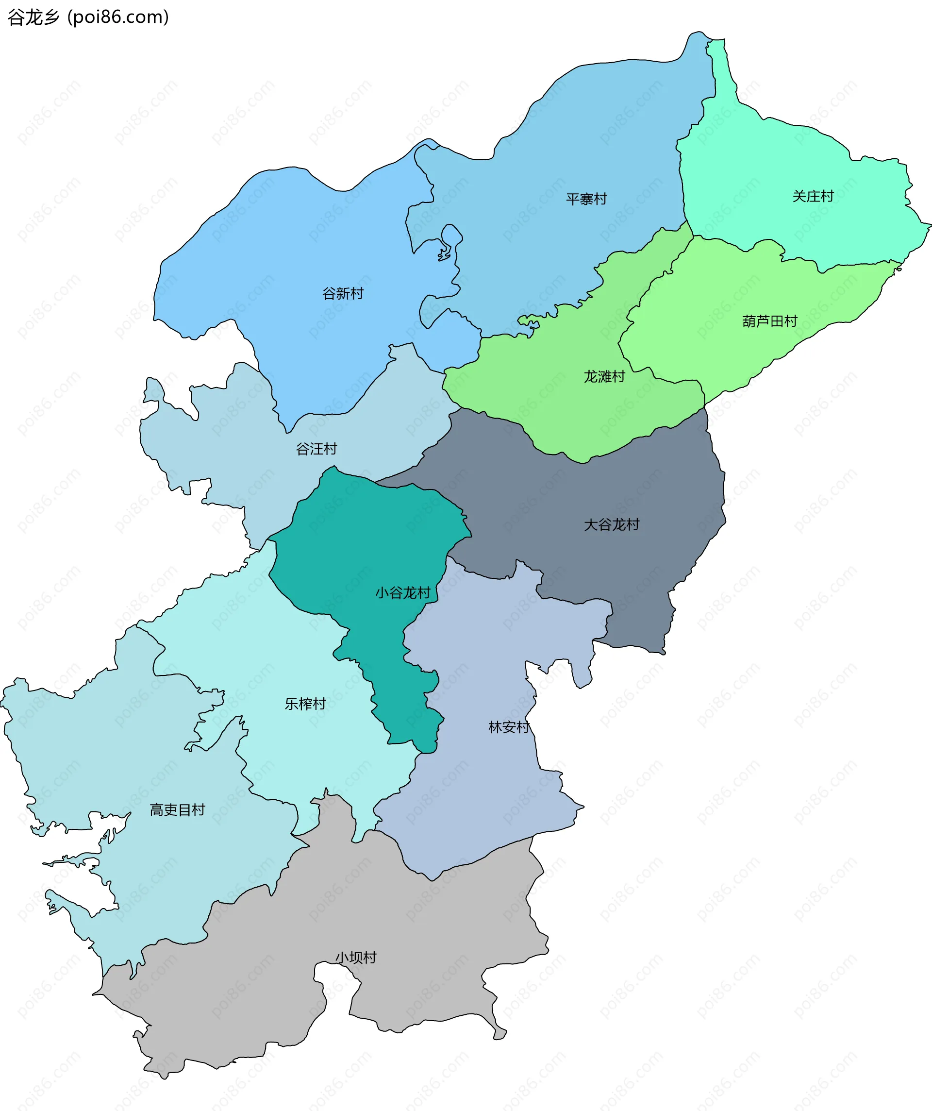 谷龙乡边界地图(五级行政区划)