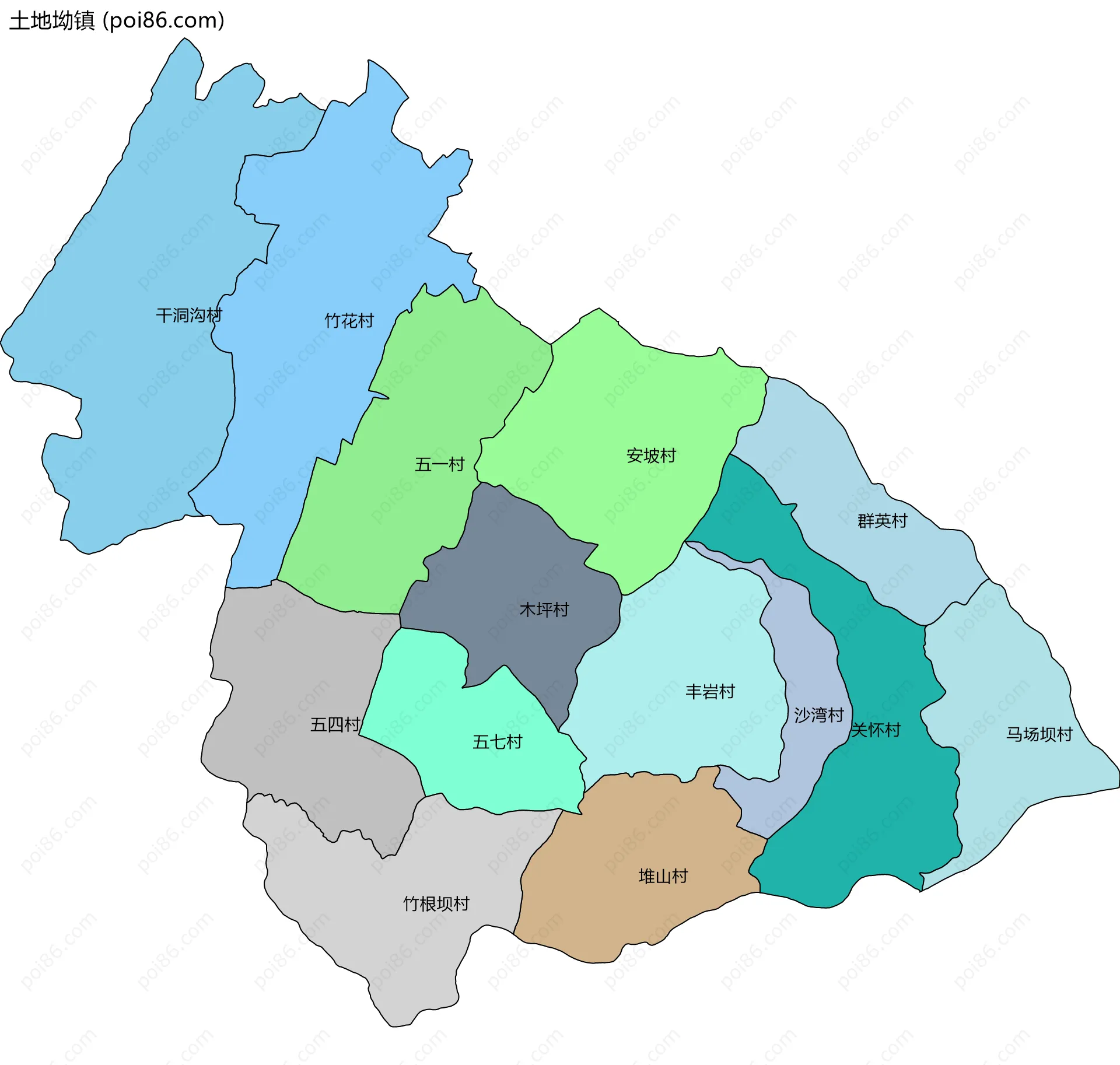土地坳镇边界地图(五级行政区划)