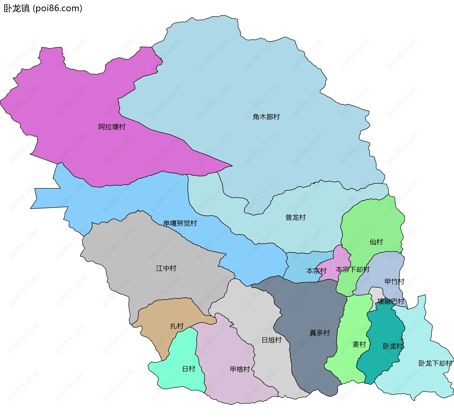 卧龙镇边界地图(五级行政区划)