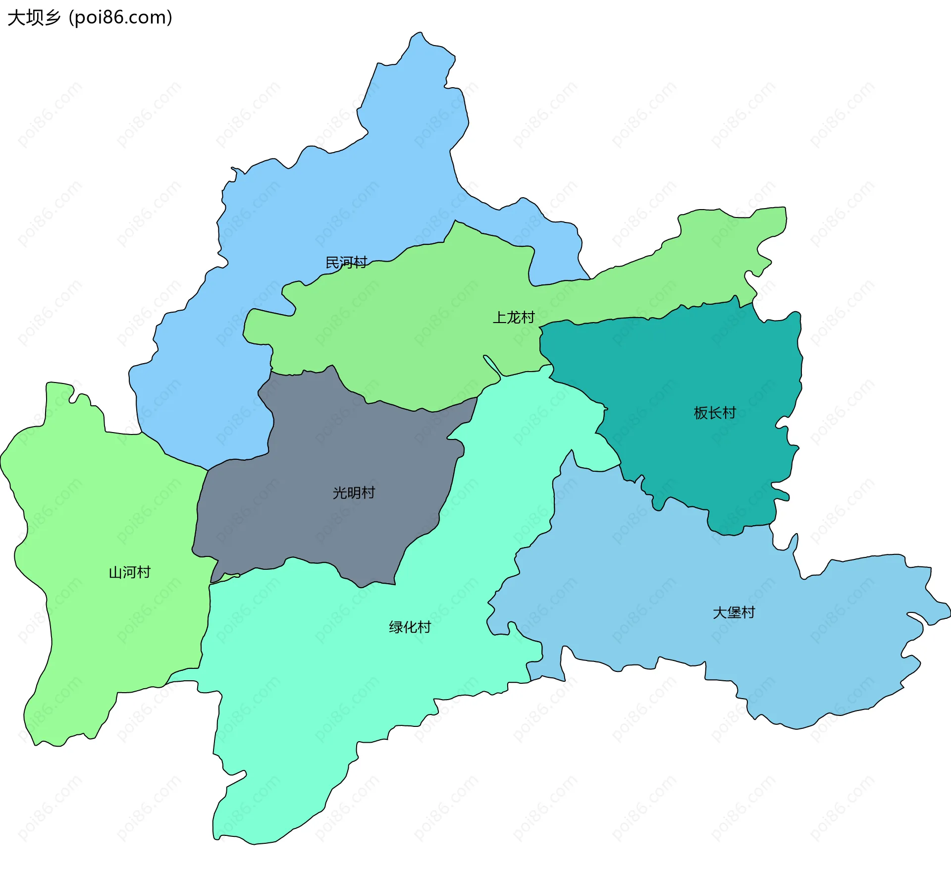 大坝乡边界地图(五级行政区划)