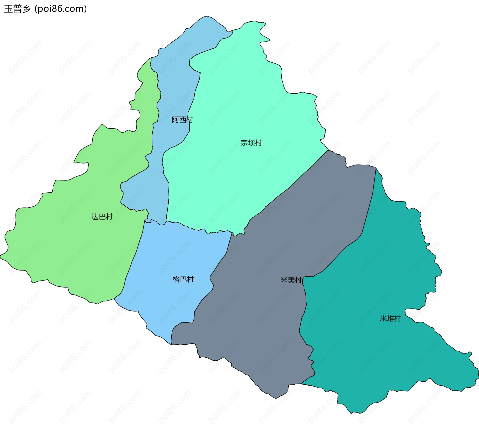 玉普乡边界地图(五级行政区划)