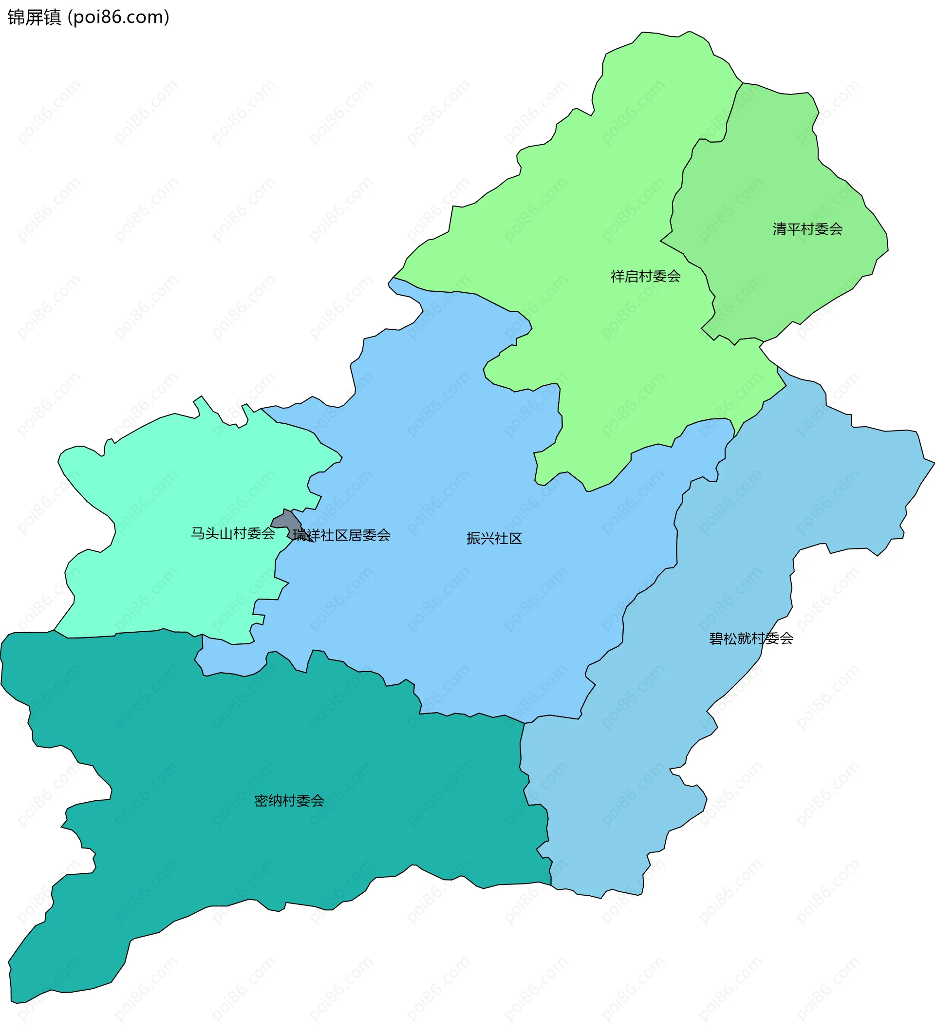 锦屏镇边界地图(五级行政区划)