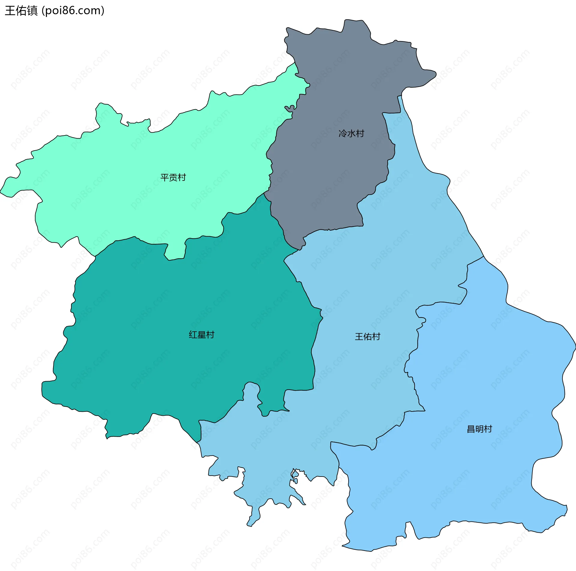 王佑镇边界地图(五级行政区划)