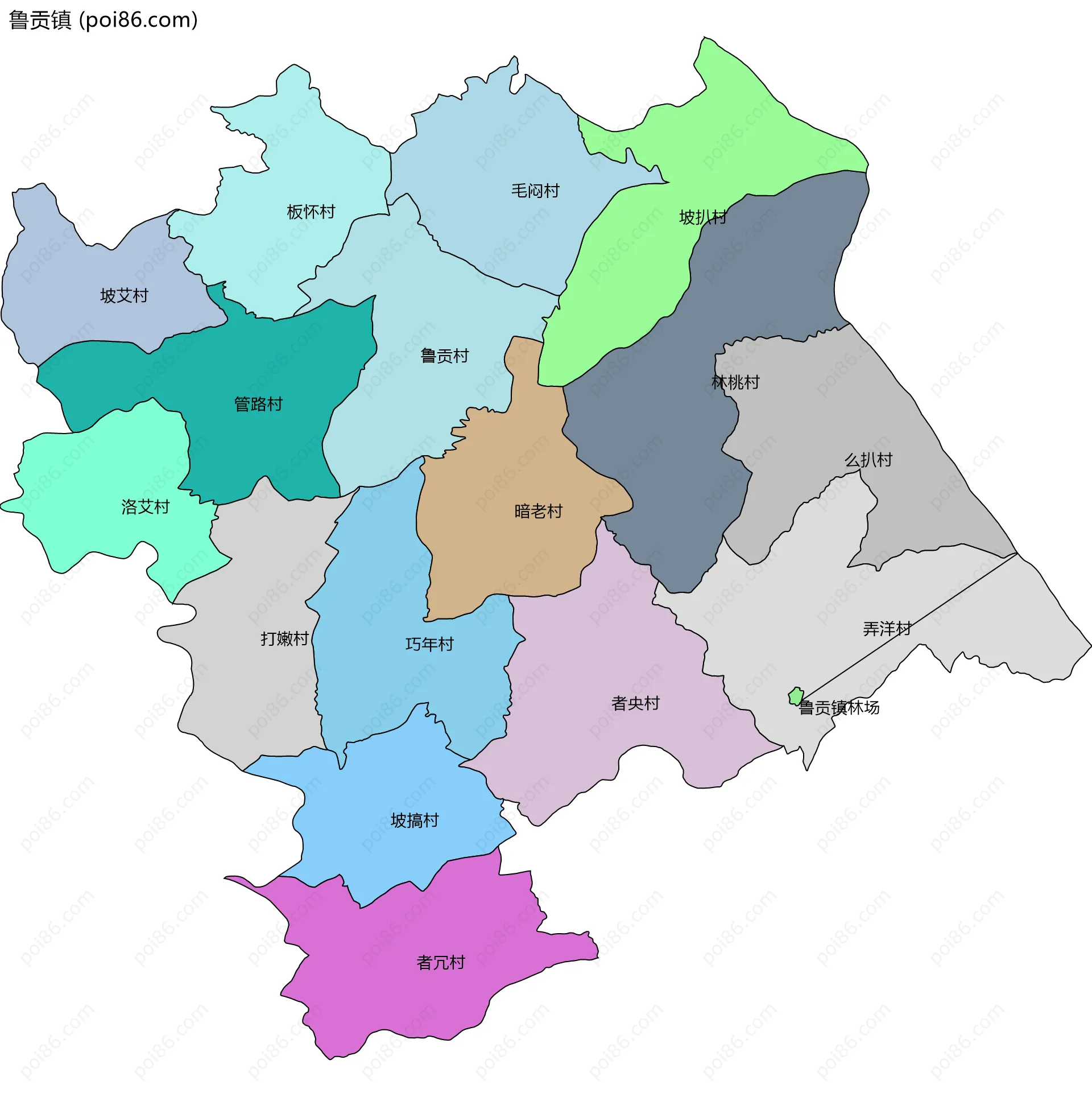 鲁贡镇边界地图(五级行政区划)