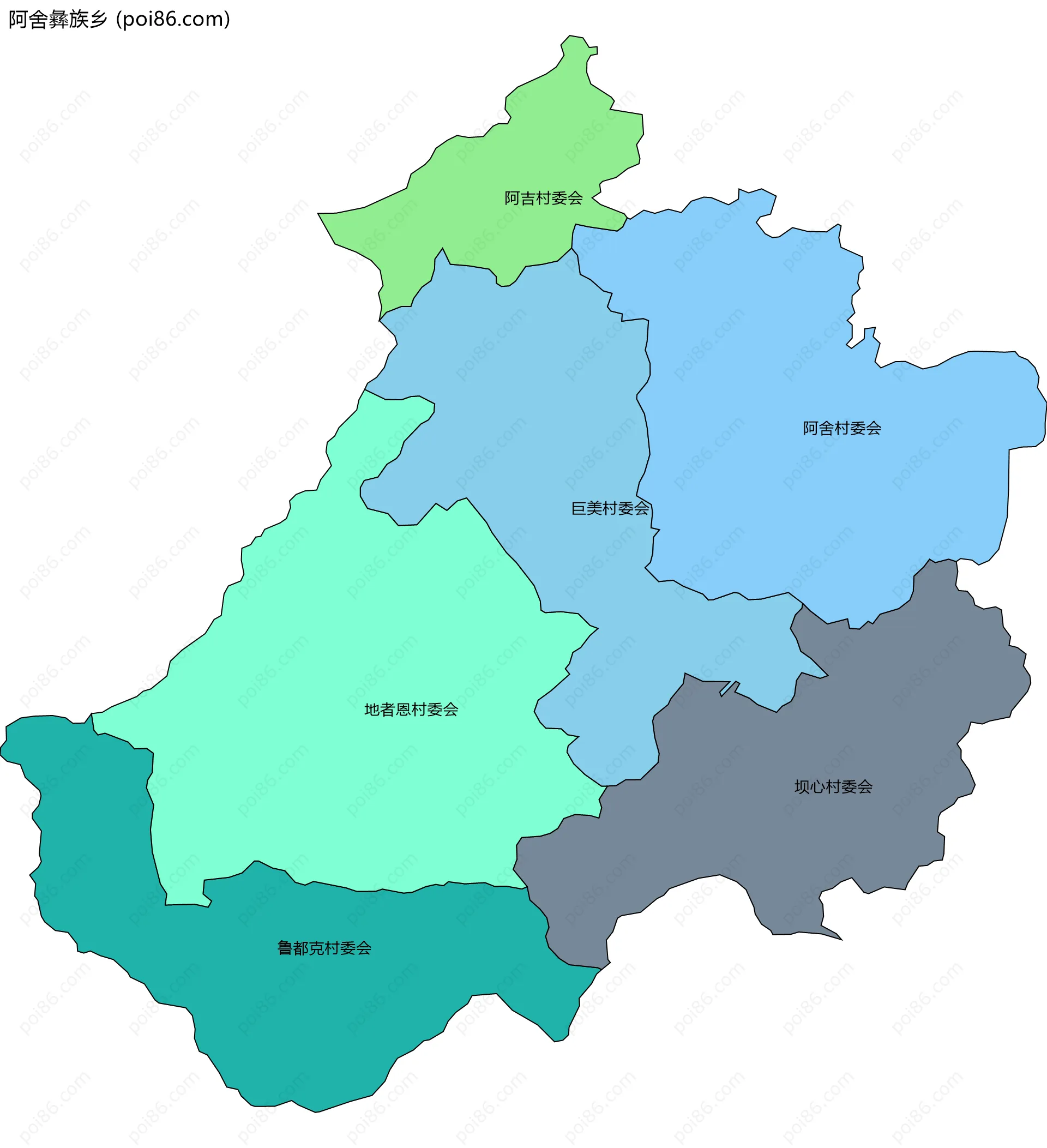 阿舍彝族乡边界地图(五级行政区划)