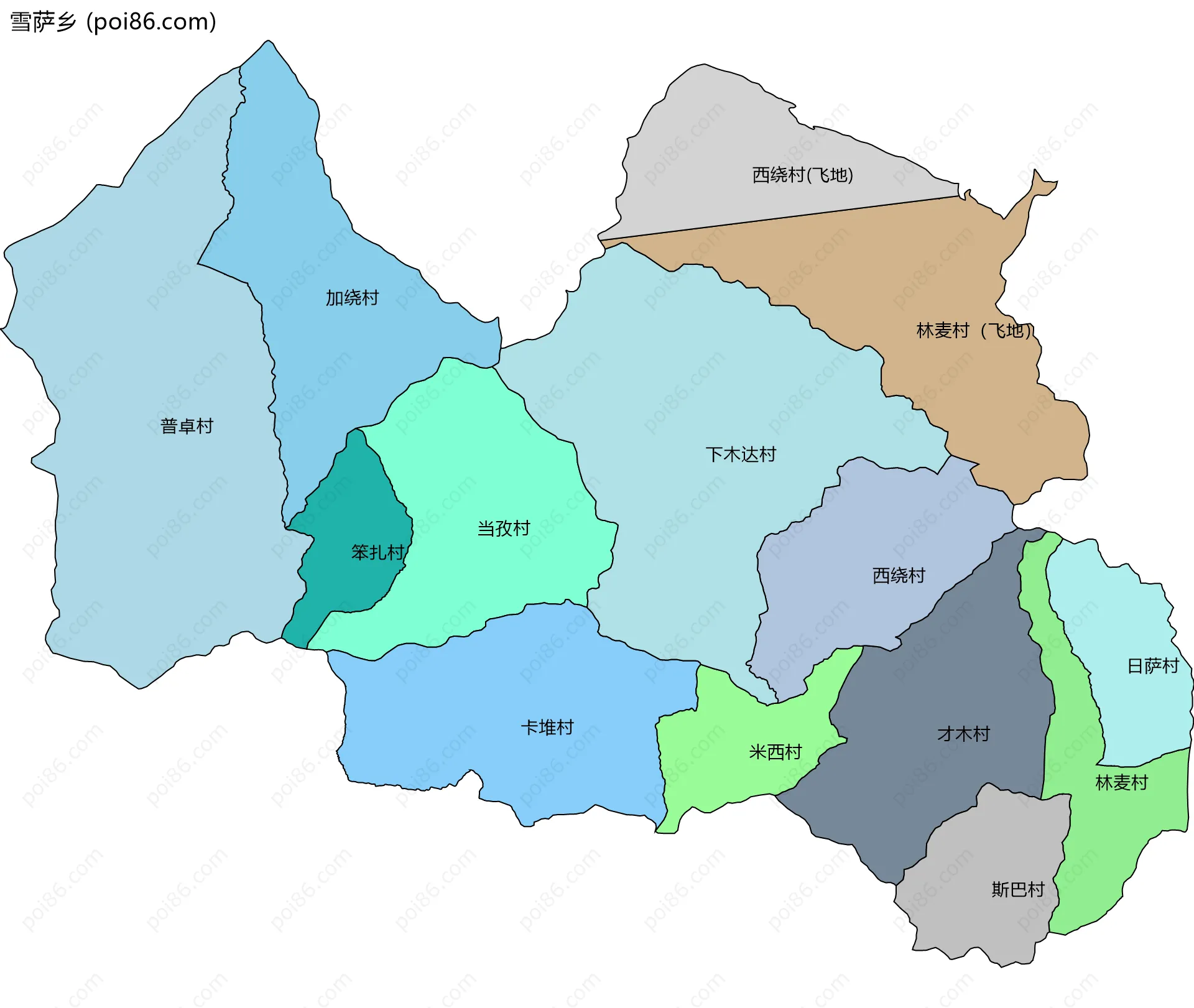 雪萨乡边界地图(五级行政区划)