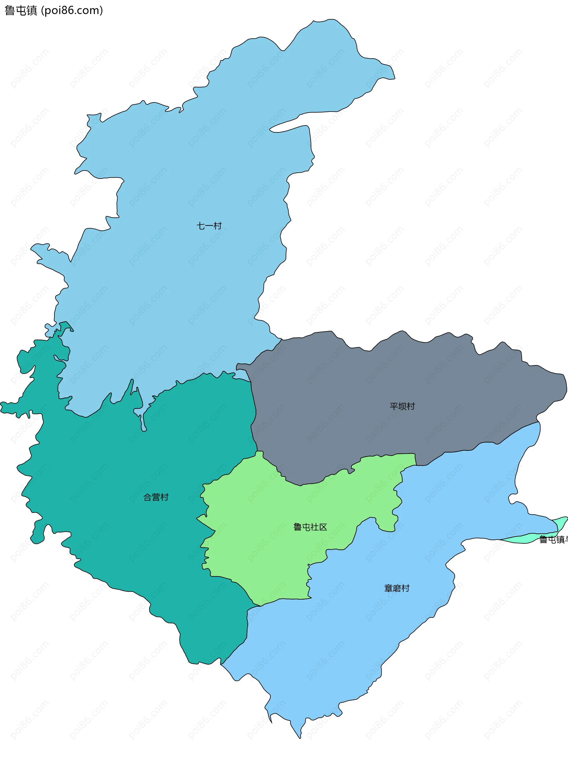 鲁屯镇边界地图(五级行政区划)