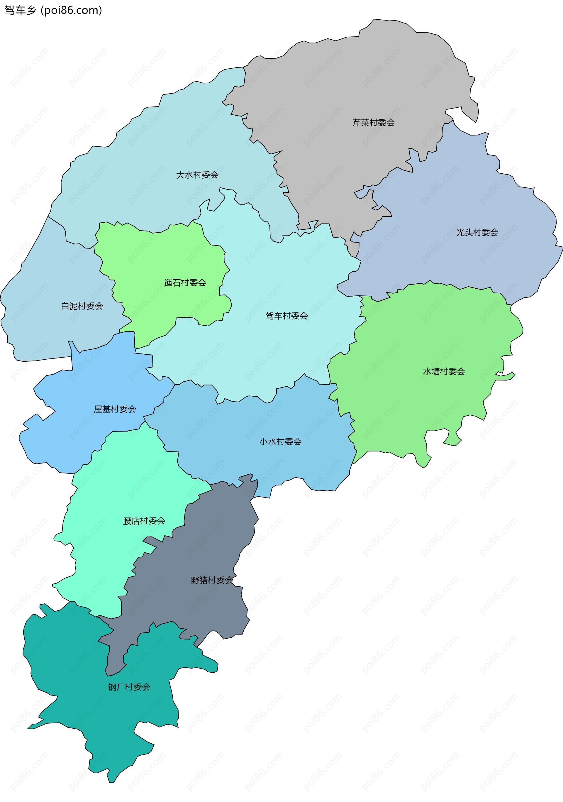 驾车乡边界地图(五级行政区划)
