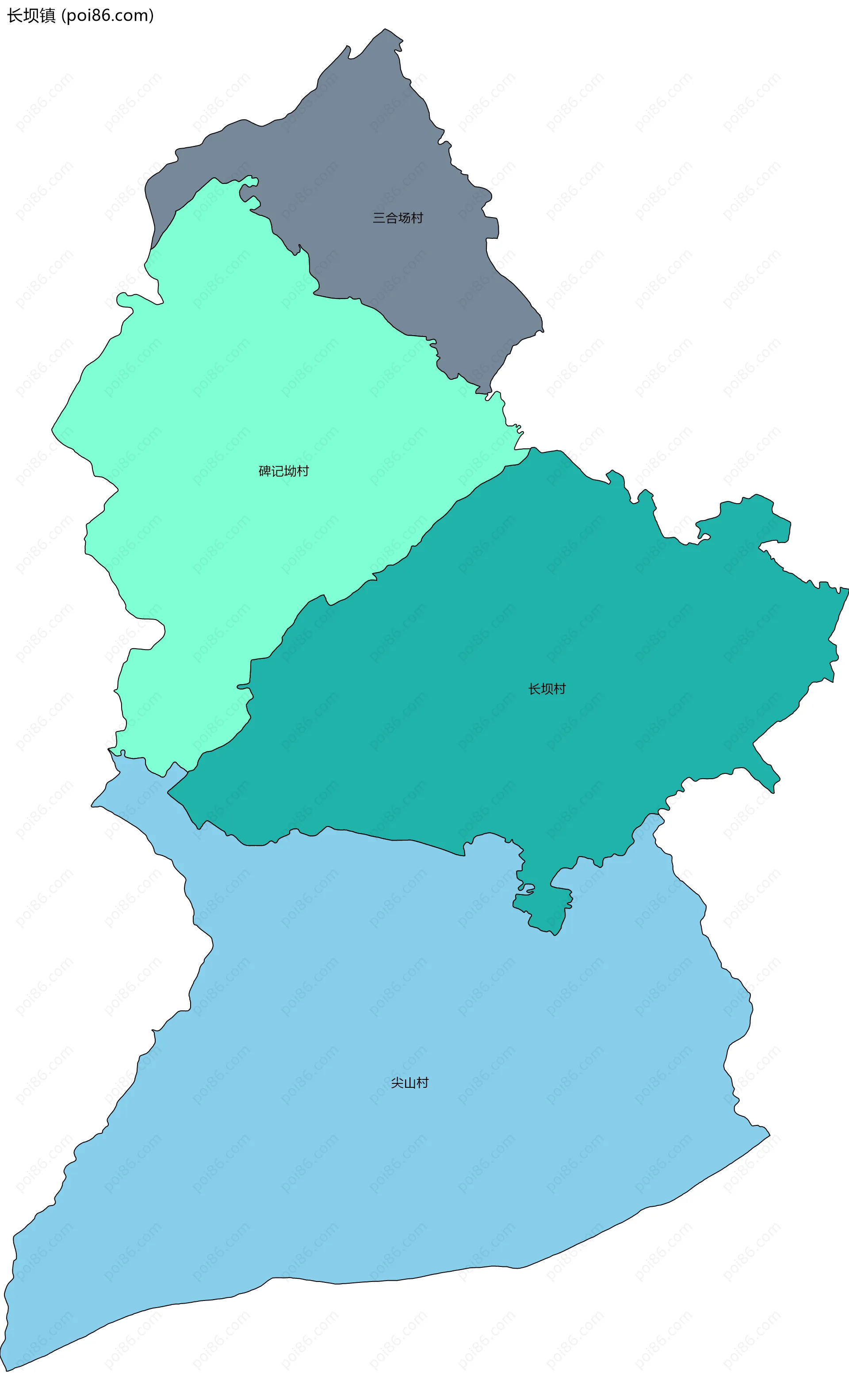 长坝镇边界地图(五级行政区划)