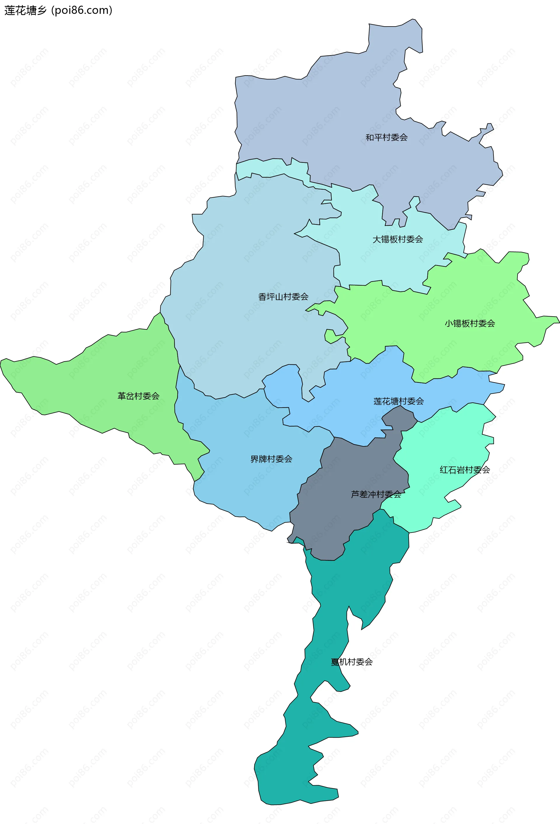 莲花塘乡边界地图(五级行政区划)