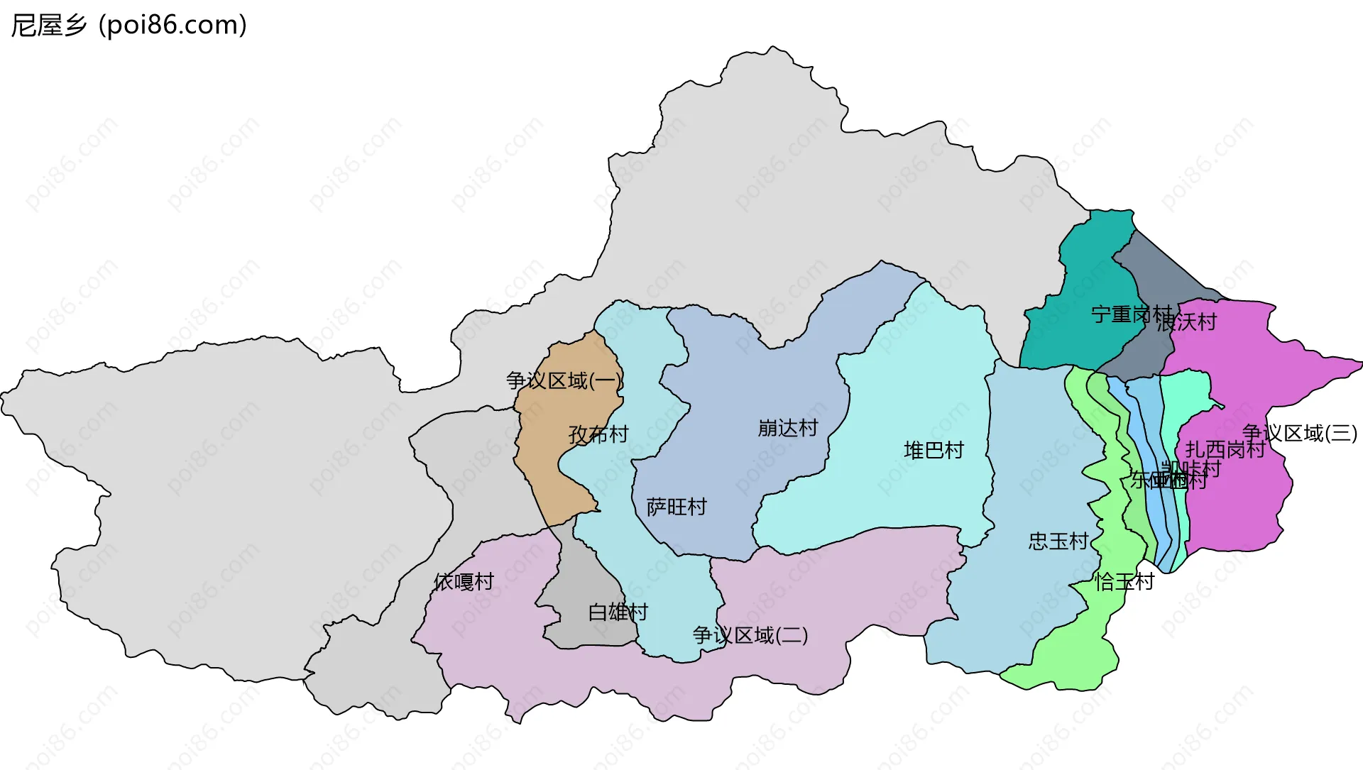 尼屋乡边界地图(五级行政区划)