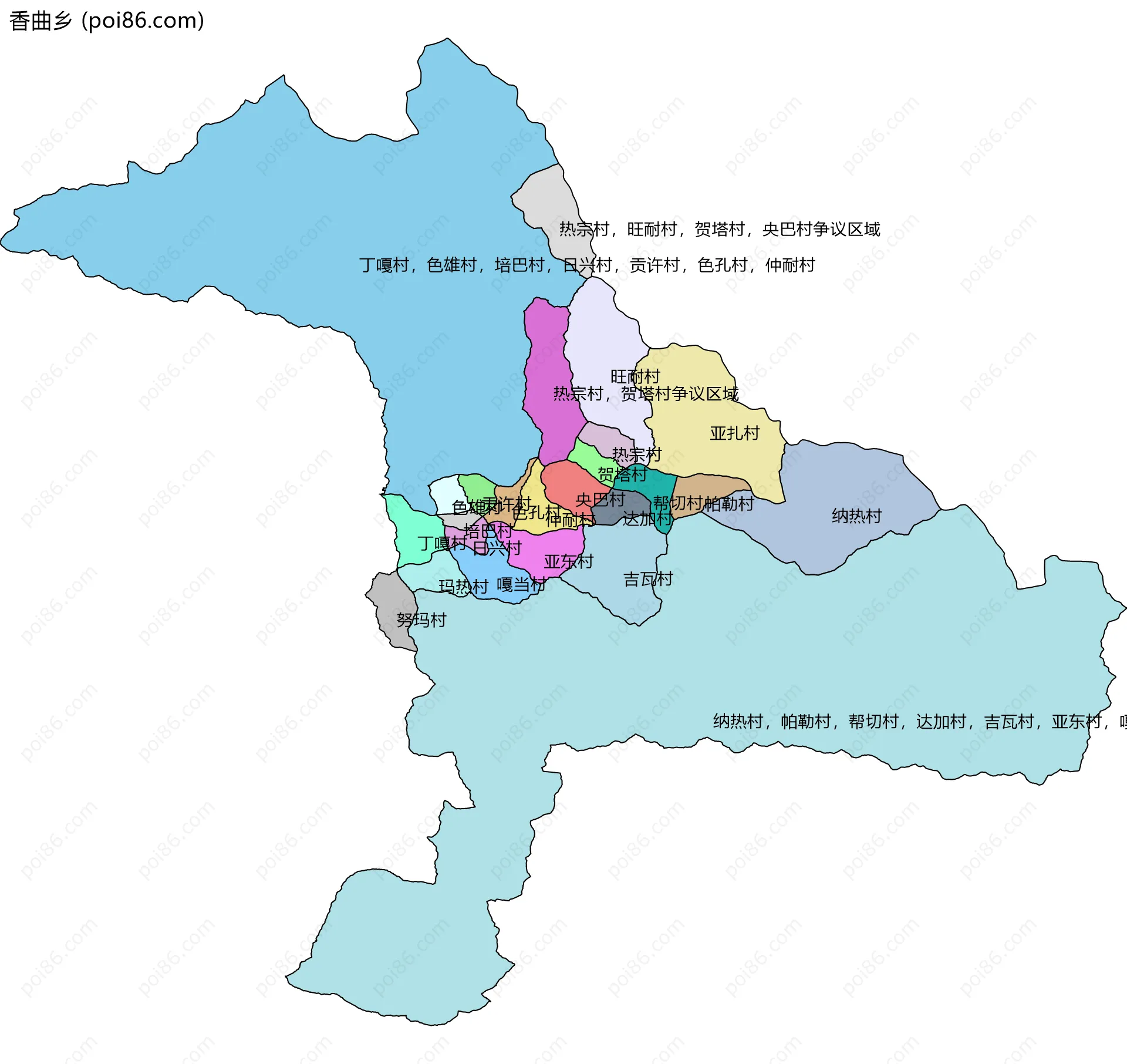 香曲乡边界地图(五级行政区划)