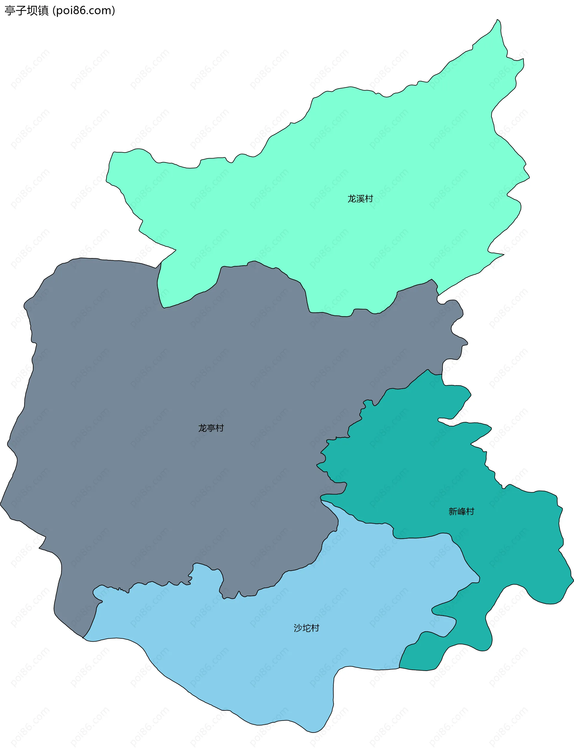 亭子坝镇边界地图(五级行政区划)