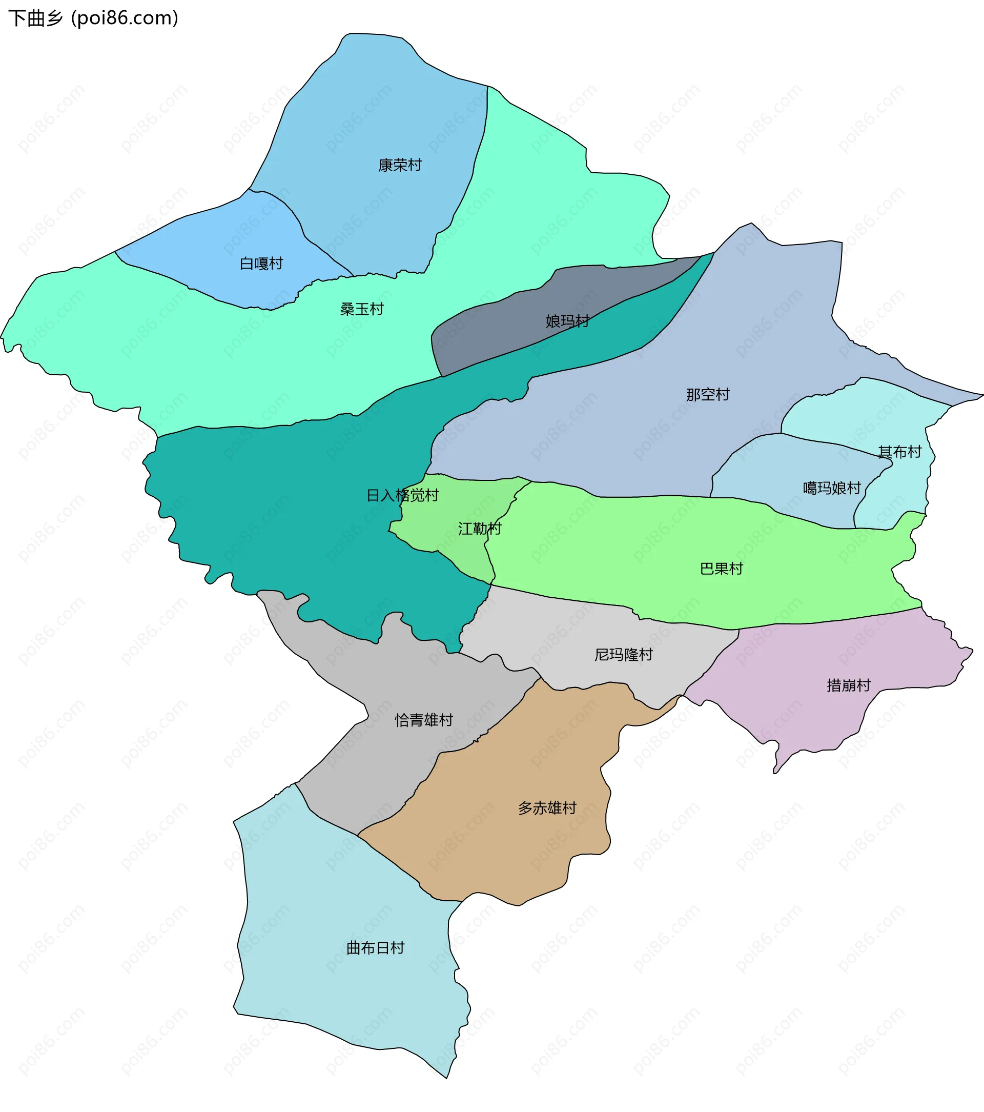 下曲乡边界地图(五级行政区划)