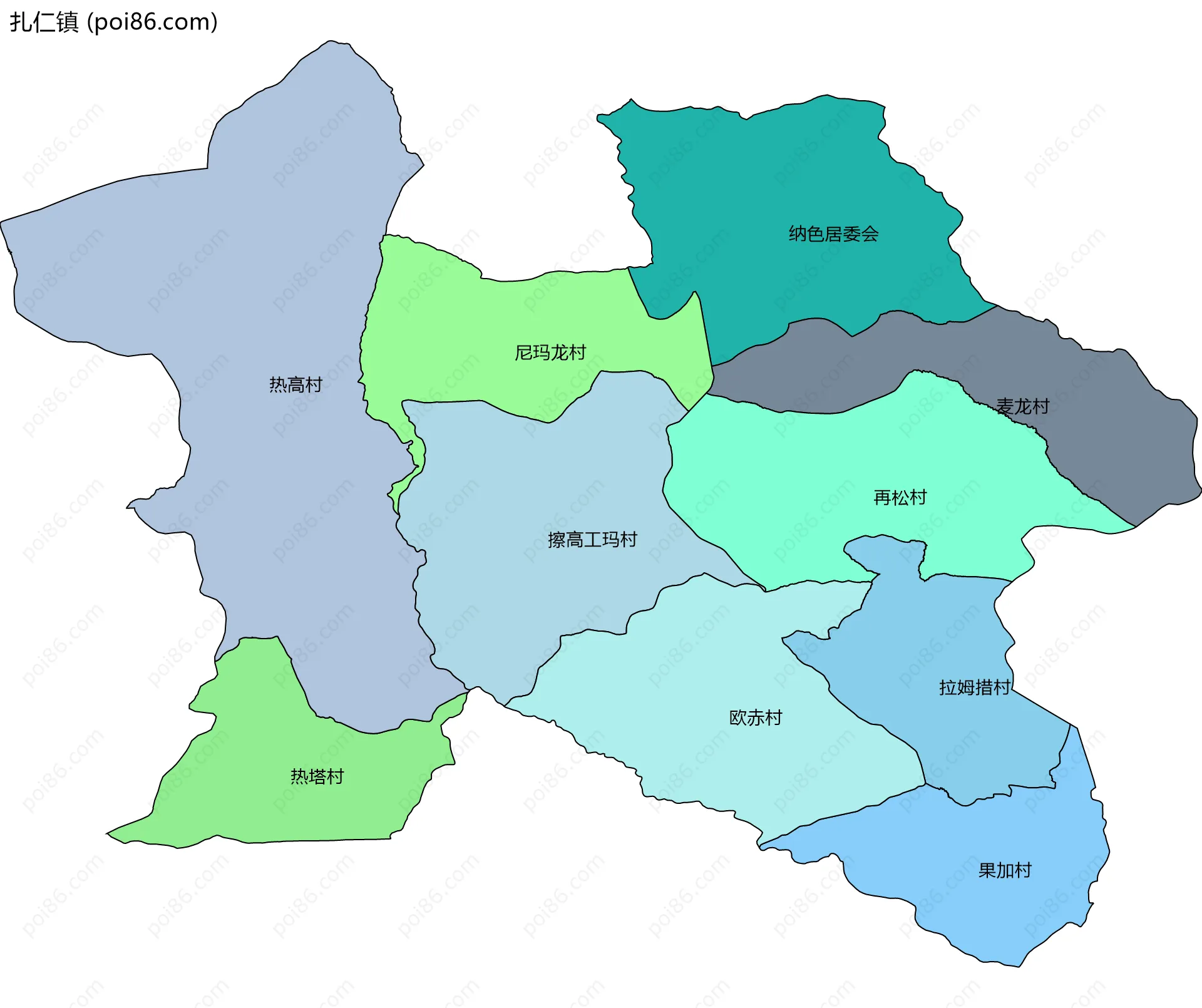 扎仁镇边界地图(五级行政区划)