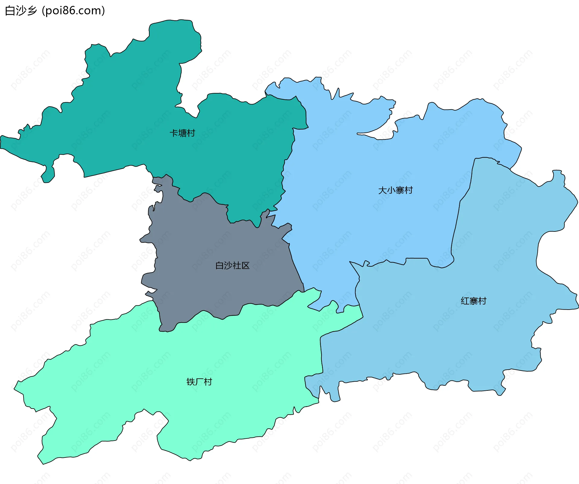 白沙乡边界地图(五级行政区划)
