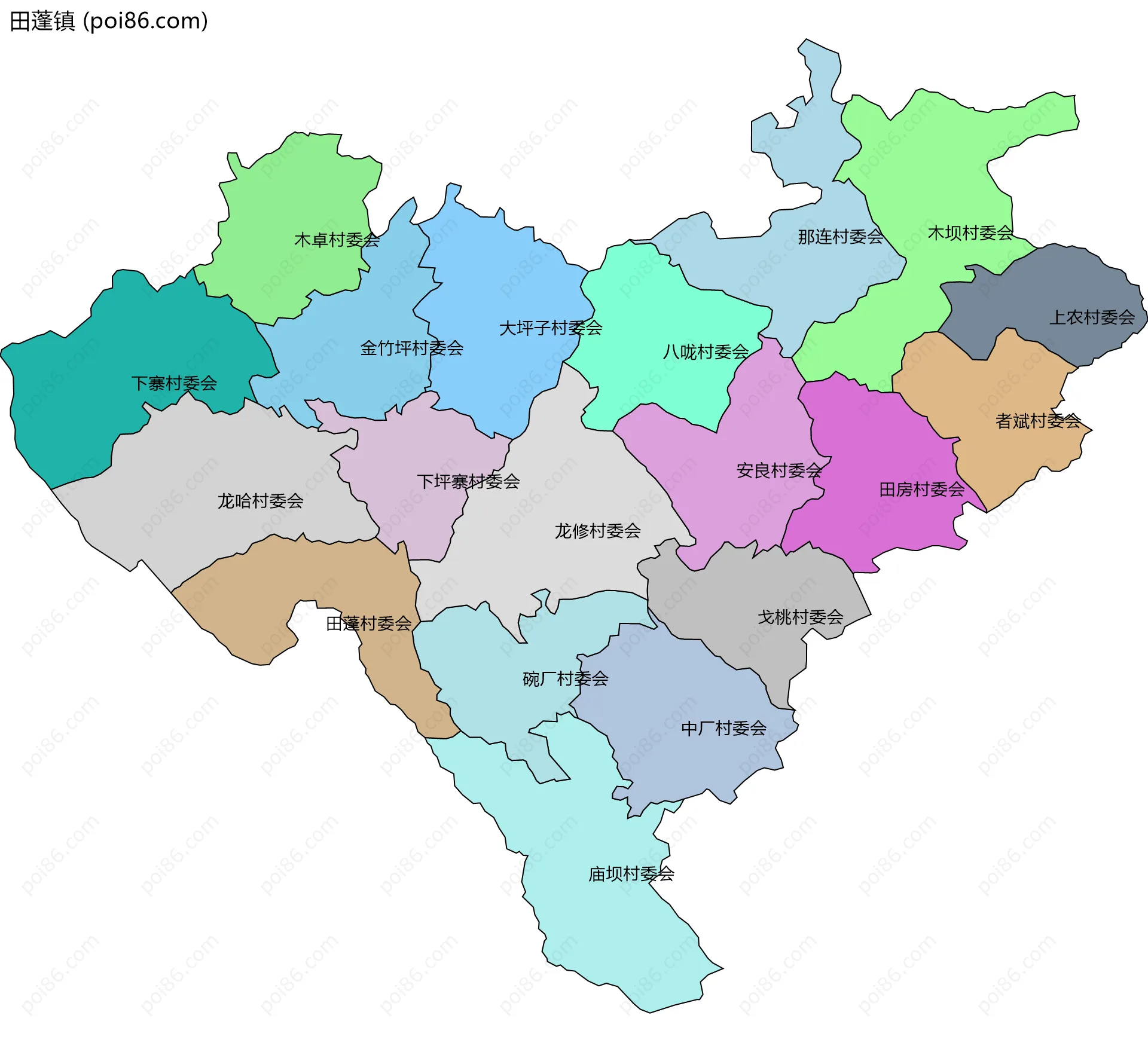 田蓬镇边界地图(五级行政区划)
