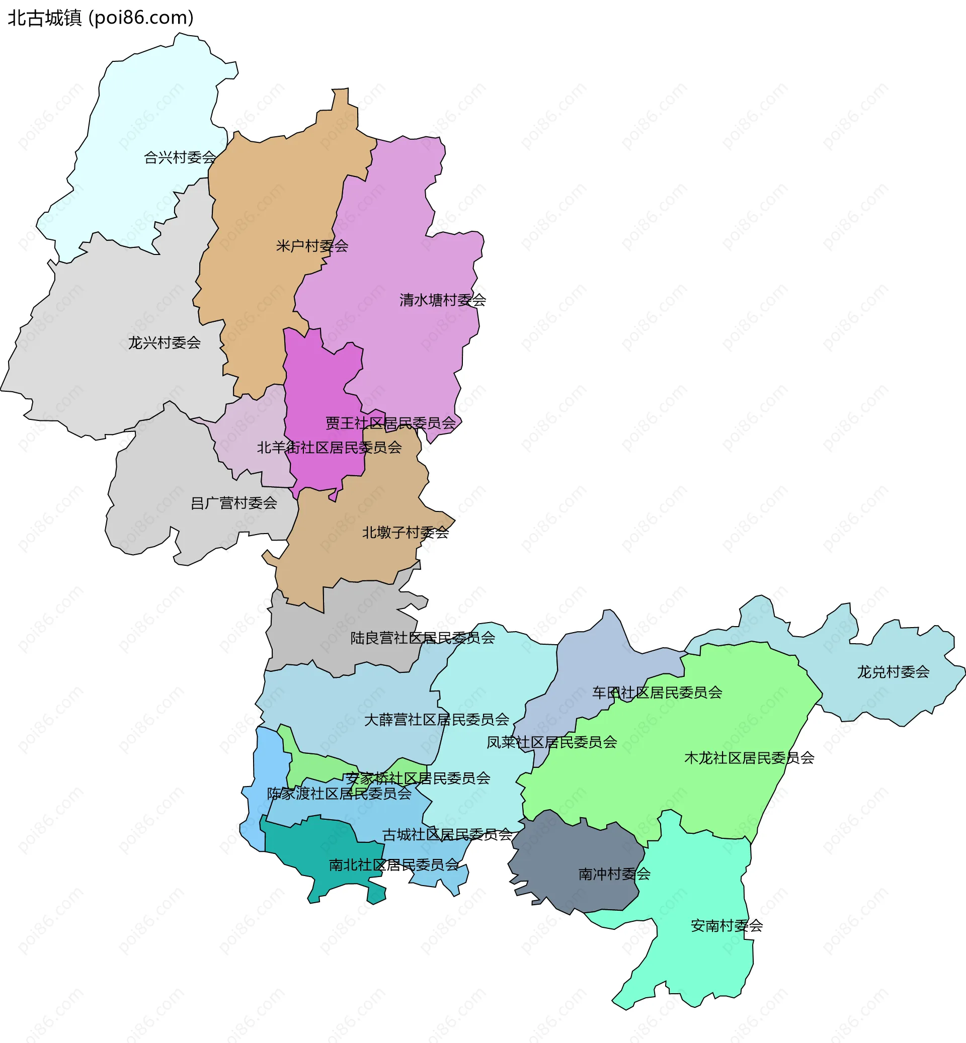 北古城镇边界地图(五级行政区划)