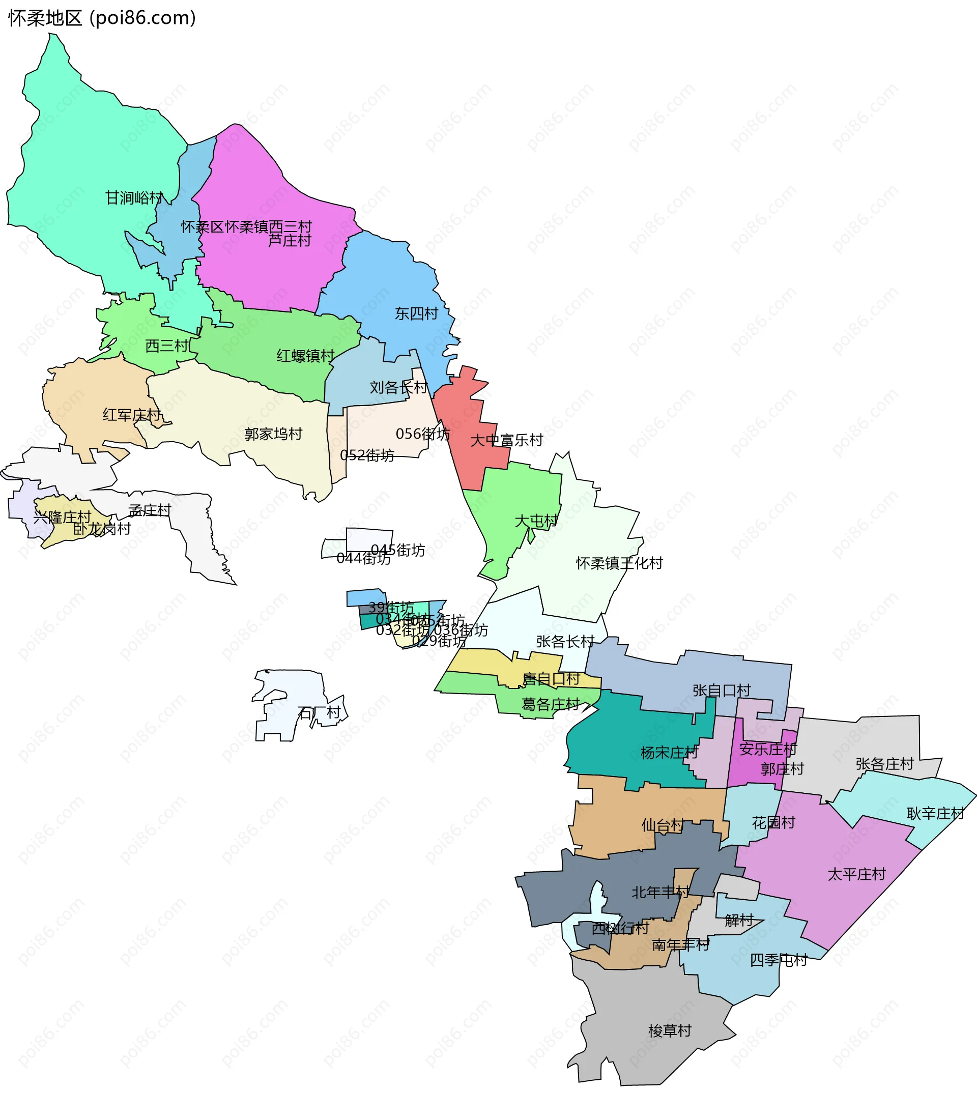 怀柔地区边界地图(五级行政区划)