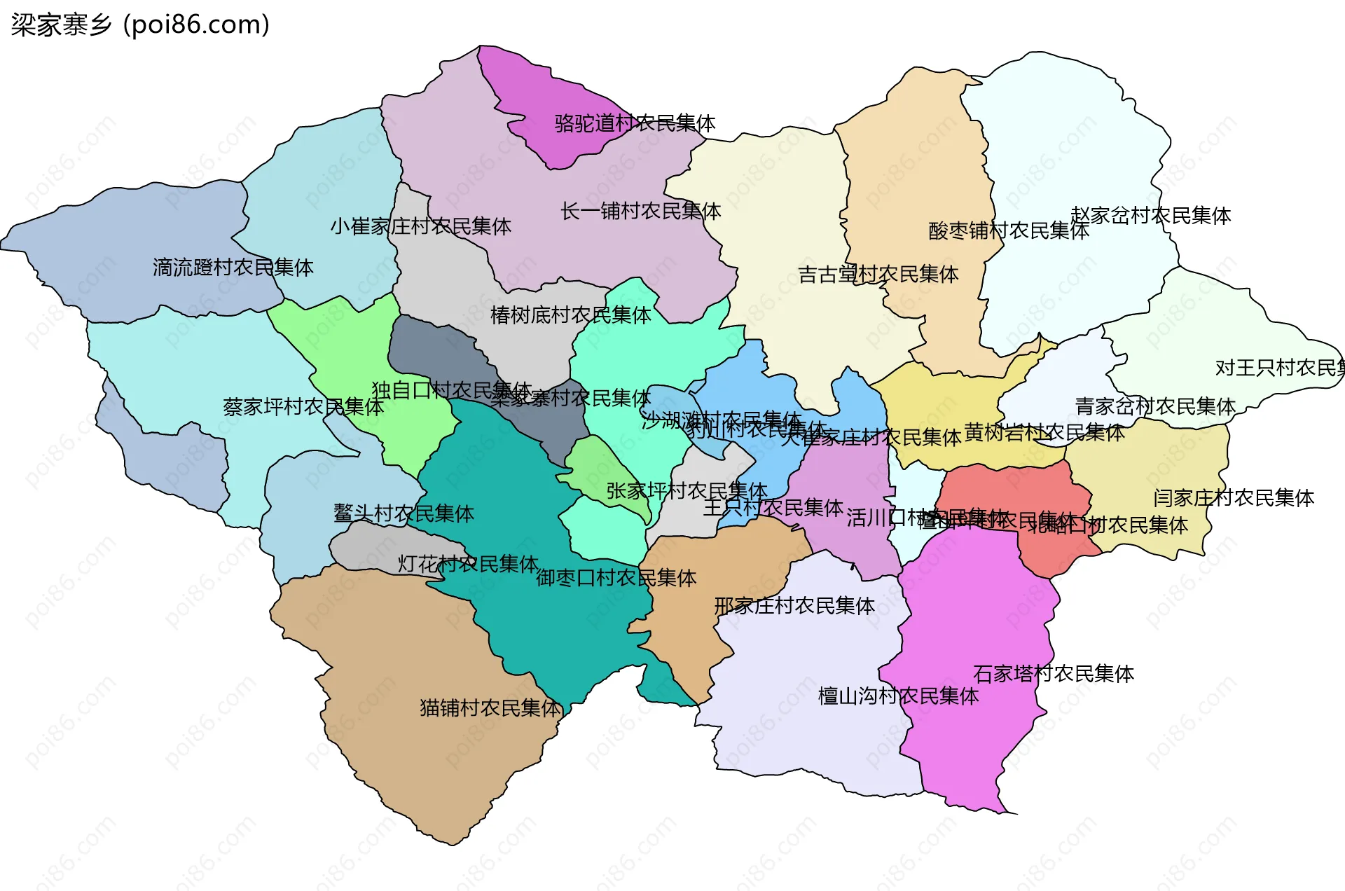 梁家寨乡边界地图(五级行政区划)