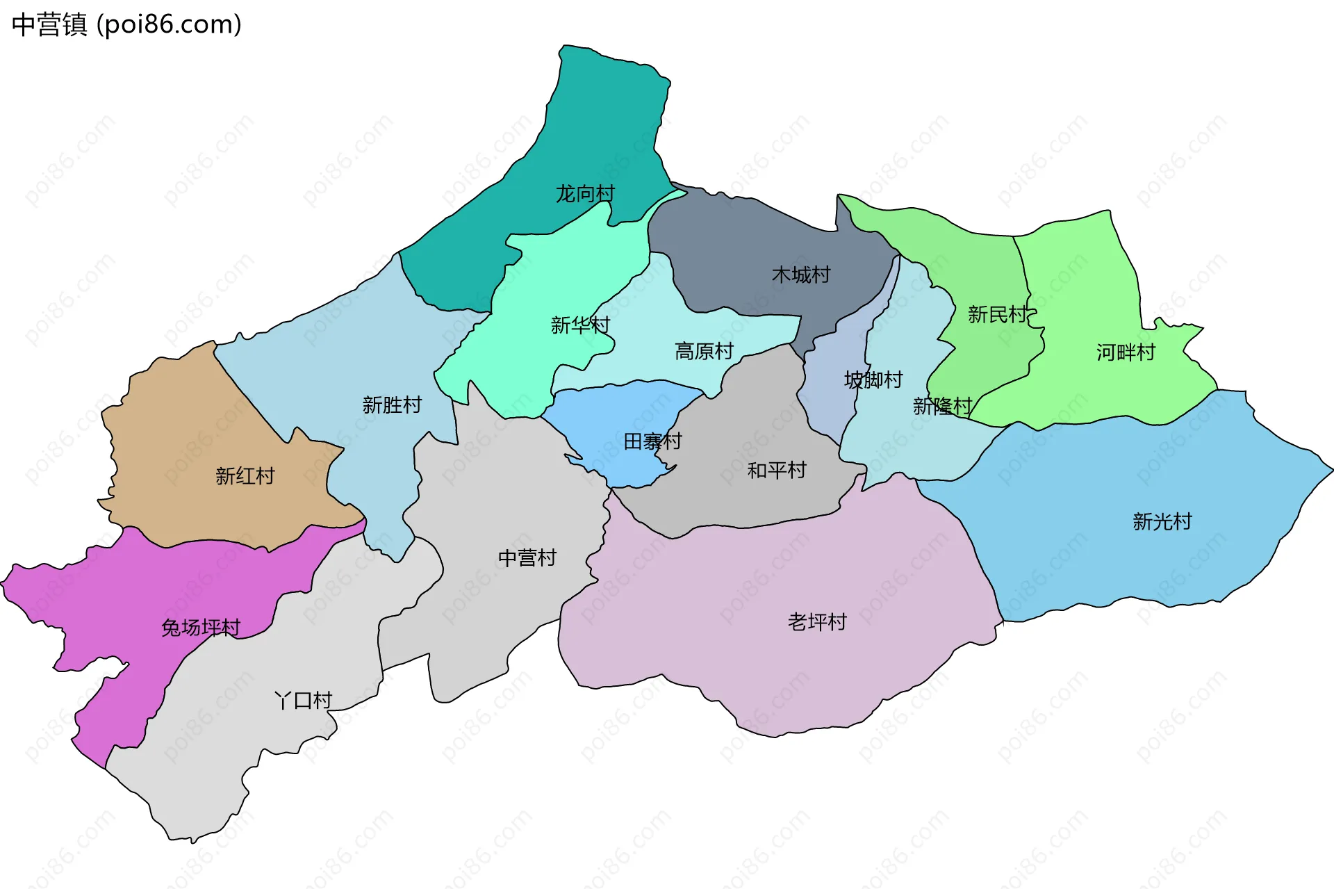 中营镇边界地图(五级行政区划)